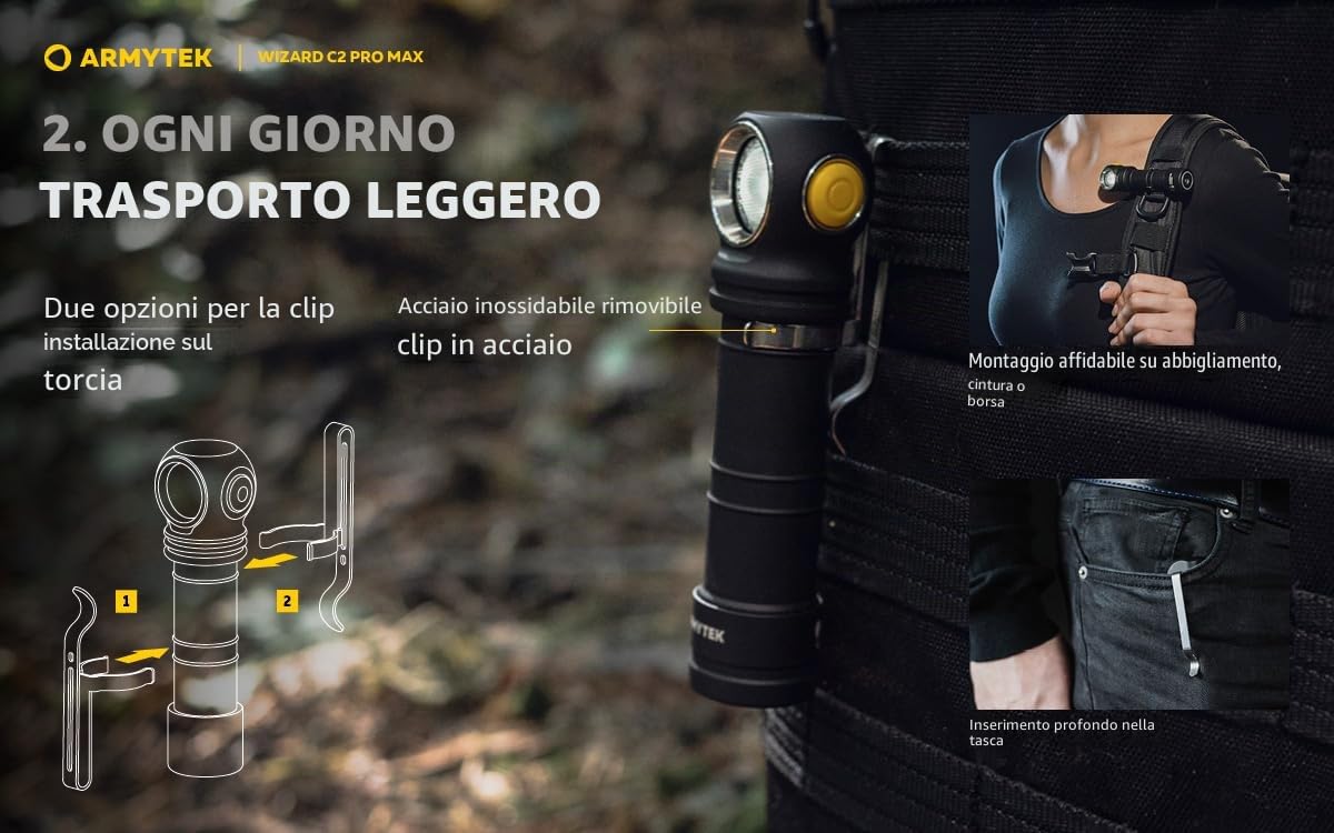 Torcia frontale LED Armytek Nuovo Wizard C2 Pro Max bianco freddo 4000 lumen Ricaricabile USB + batteria 21700 Li-Ion 5000mAh