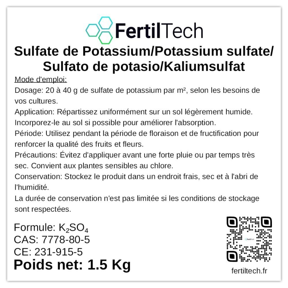 Sulfate de Potassium 1.5 kg - Engrais Naturel Riche en Potassium et Soufre - Idéal pour Jardin, Potager, Fruits et Légumes - Favorise la Floraison, la Croissance et le Rendement
