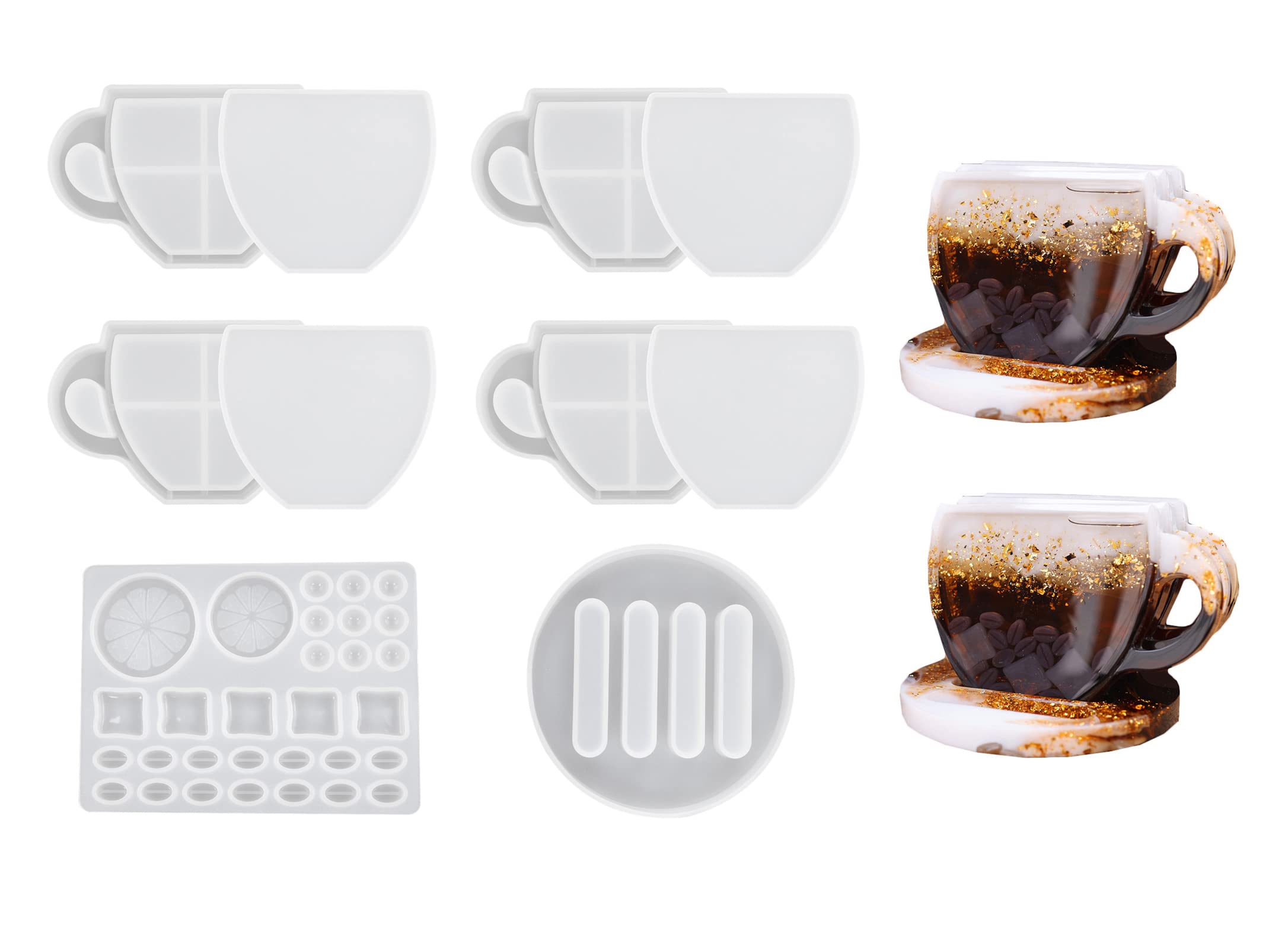 Xidmold 10pcs Coaster Resin Molds, Resin Shaker Mold for Cup Pad, Cup Shape Quicksand Silicone Coaster Mold with Coaster Holder, Lemon Coffee Beans Filler Mold, Shaker Coaster Molds for Epoxy Resin