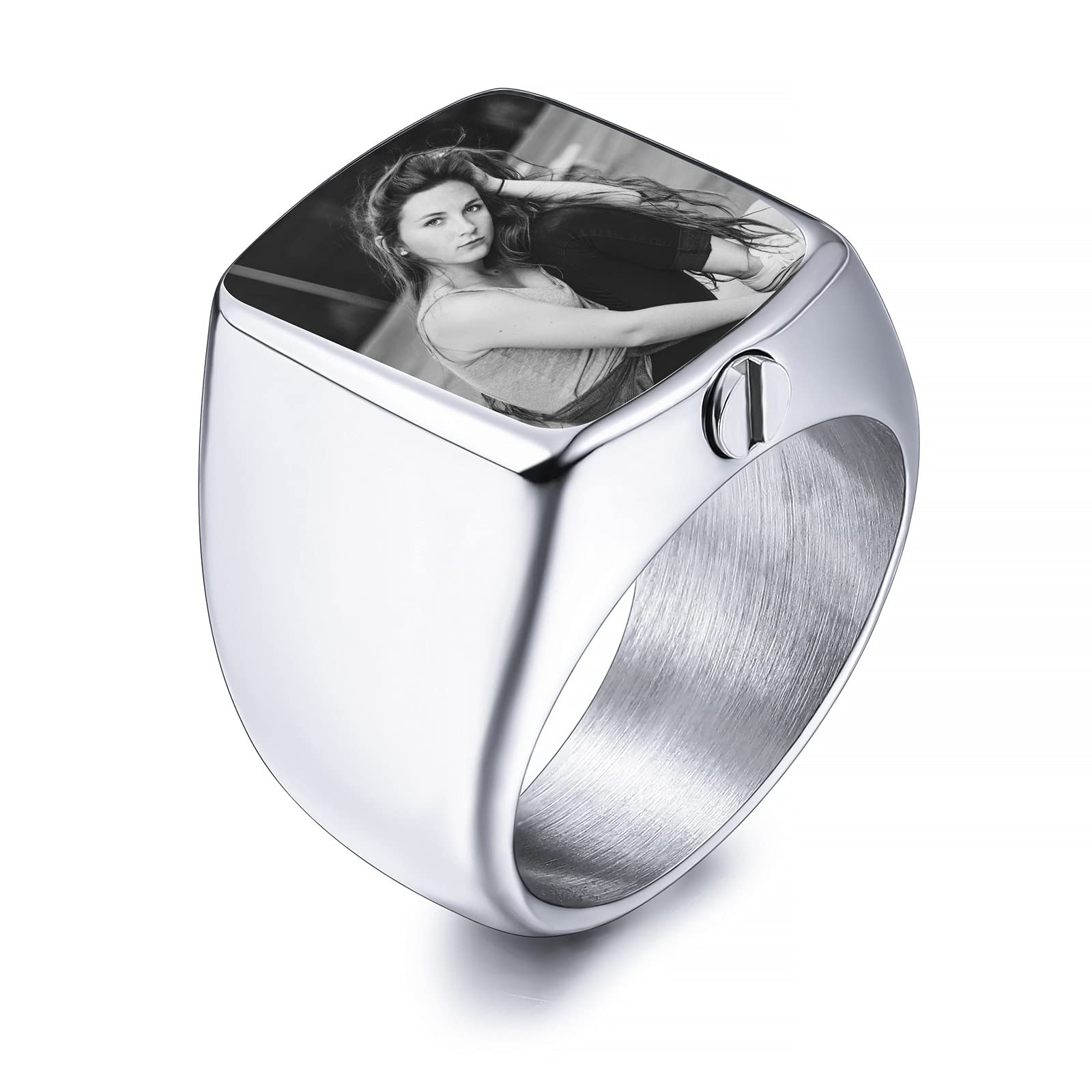 INBLUE Personalized Stainless Steel Cremation Urn Signet Ring for Men Women Pet Customized Black & White Photo Ashes Holder Memorial Jewelry with Funnel Kit (Silver Size V)
