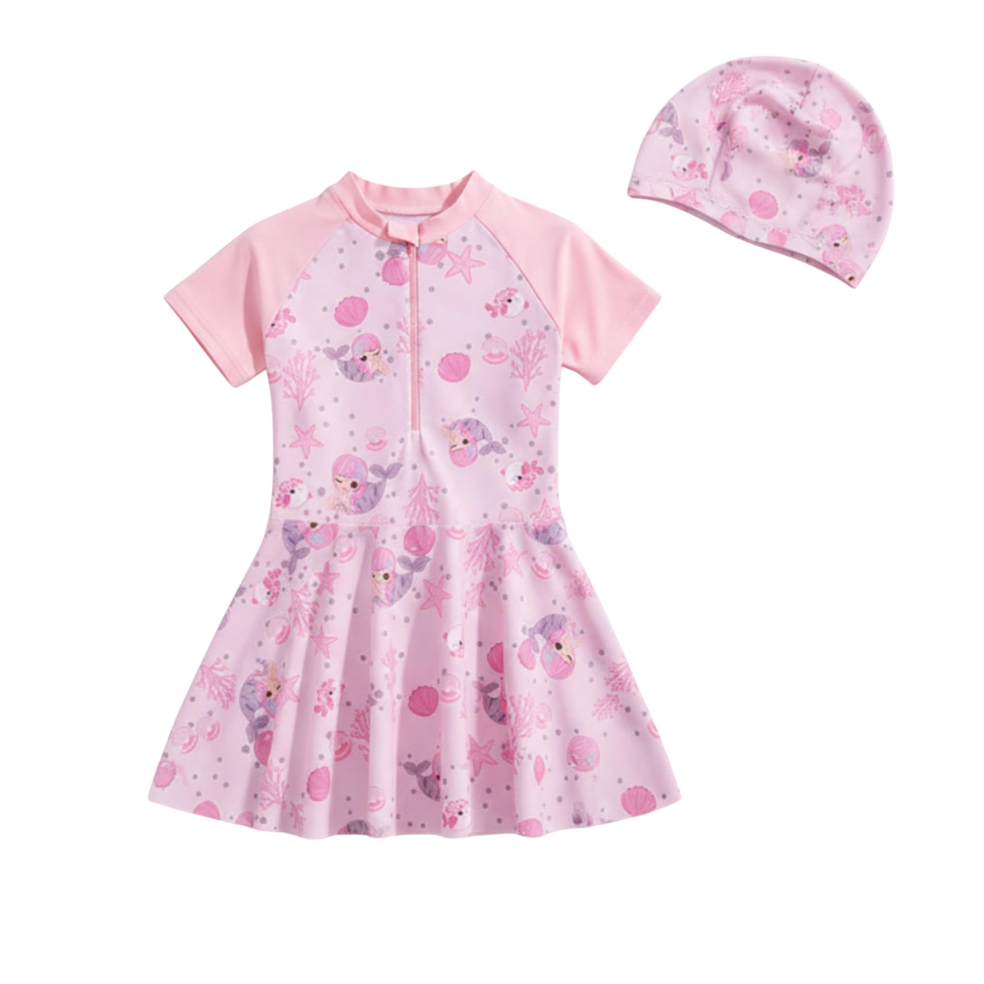 LEBAMI Girls Frock Style Swimwear for Kids Girls Swim Dress One Piece Bathing Suit with Swim Cap Toddler Sun Protection Rash Guard Beach Pool Swimsuit-image-4