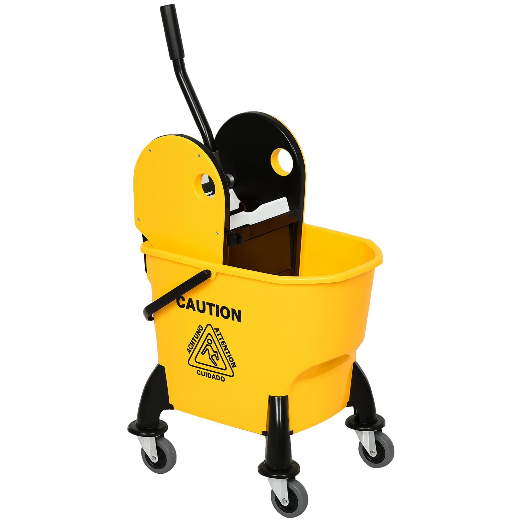 HOMCOM Cubo de fregona de 26 litros y escurridor de Agua con 4 Ruedas, Cuerpo de plástico, Mango de Metal, Soporte para Poste de Limpieza Comercial para el hogar, Carrito de Piso, Color Amarillo