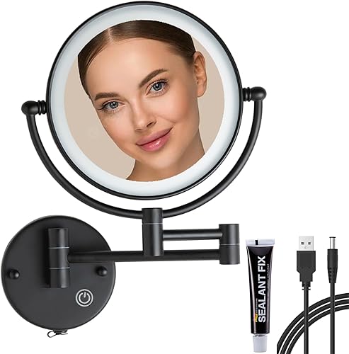 RECKODOR Espejo de maquillaje recargable para baño con aumento 1X5X con luz, brazo extendido, rotación de 360 grados de 8 pulgadas, sin alambre