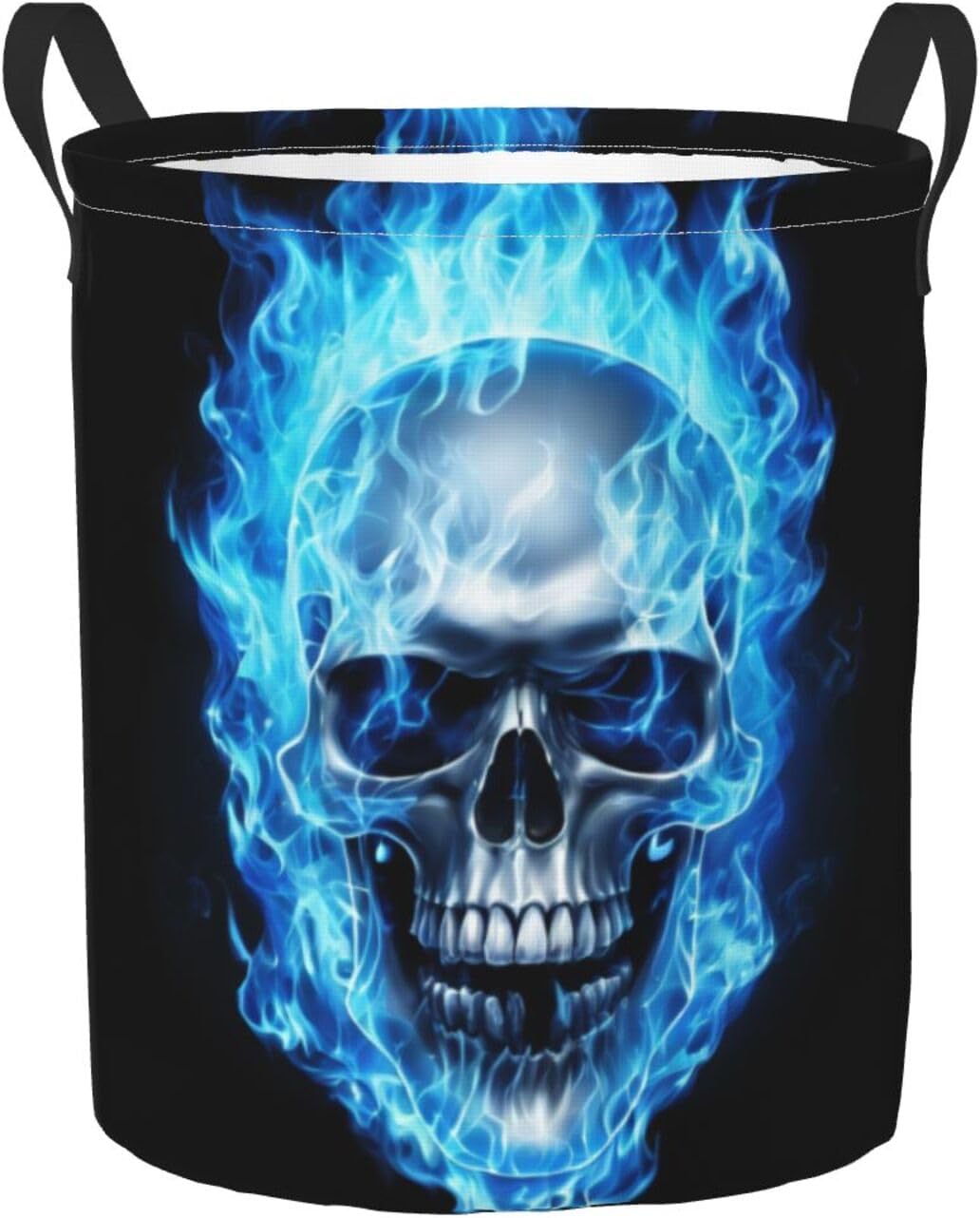 Delerain Skull Head Blue Fire Laundry Basket, Waterproof Laundry Hamper with Handles, Collapsible Toy Bins Dirty Clothes Round Storage Basket for Home Bathroom Office Nursery, 19.6X15.7(M)