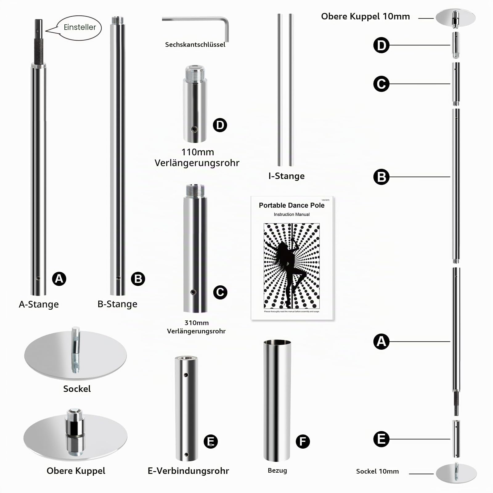 Leogreen Profi Tanzstange Pole Dance Stange, Statisch und schwenkbar, bis 200kg belastbar, Galvanisierter Chromstahl, für Fitnessübungen, Club, Party