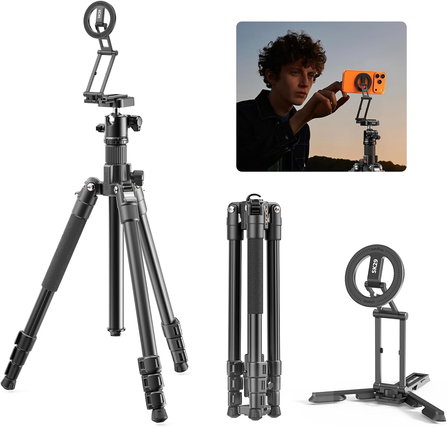 ULANZI Camera Tripod with Magnetic Phone Stand Set, SK29 Folable Mini Tripod Mount for Magsafe Phone Tripod, TT35 Camera Tripod Free Angle for for Content Creators, Travel Vlog Essentials