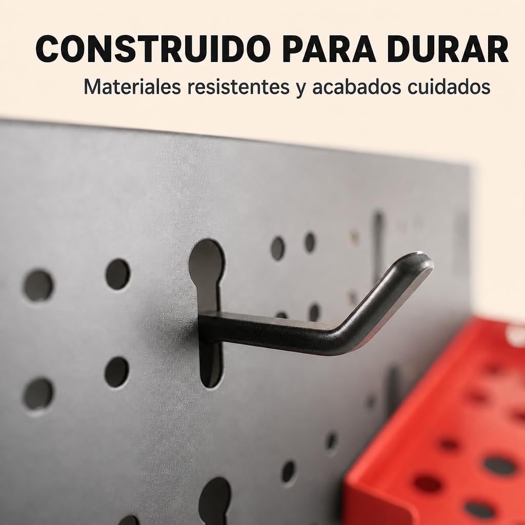Panel Perforado de Pared para Herramientas – Set de 3 Tableros Metálicos con Accesorios: Ganchos, Soporte para Llaves, Estantes para Brocas, Soporte para Destornilladores y Herrajes de Montaje