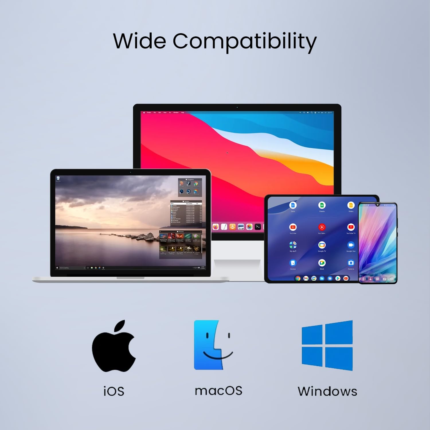 Diagram showing the Portronics Bubble Dock keyboard compatible with iOS, macOS, and Windows operating systems.