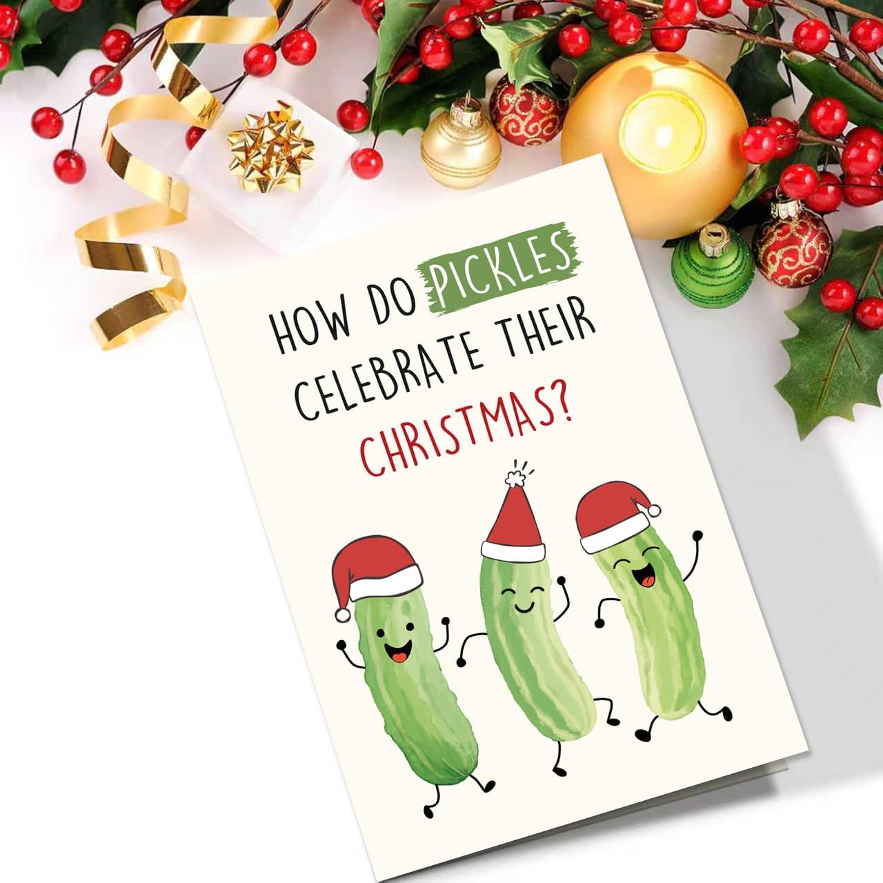 Funny Pickle Pun Christmas Card, Humorous Merry Christmas Card for Brother Sister Bestie Friends Family Friend, Joke Pickle Relish the Moment Xmas Holiday Cards - Image 5