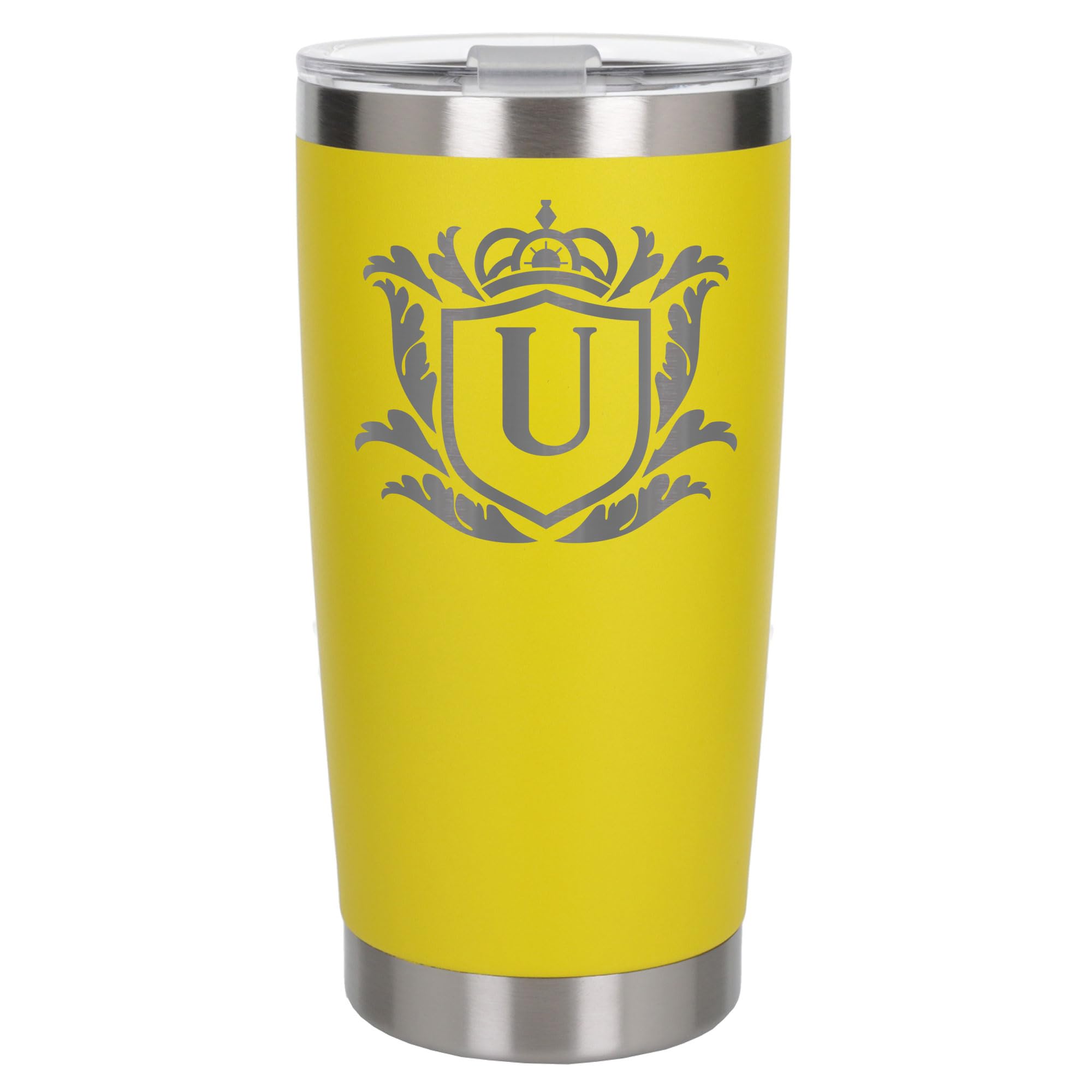 Customised Gifts 500ml Engraved Shield Initial Monogram Insulated Personalised Yellow Travel Mug for Men and Women - Personalised Initial Coffee Travel Mug for Hot and Cold Beverages, Letter U