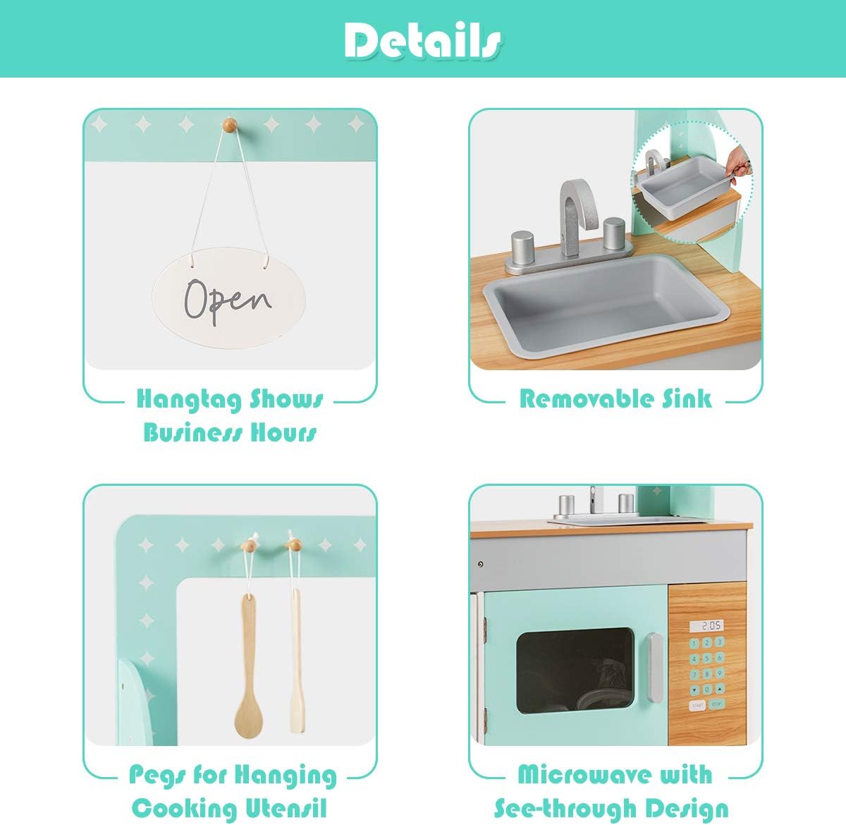 Costzon 2 in 1 Kids Play Kitchen and Restaurant, Double Sided Wooden Pretend Cooking Playset with Sink, Stove, Microwave, Oven and Storage Shelf, Simulation Cooking Toy Set for Toddlers (Green) : Toys & Games