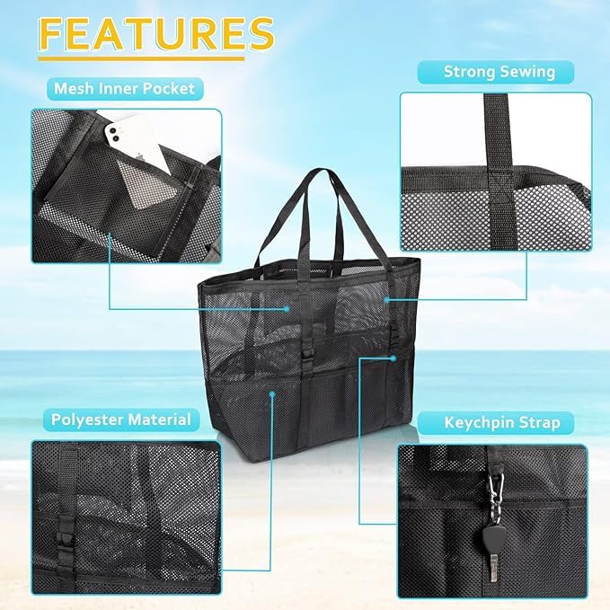 hirTa Gab Tote Bag for Teacher Women Office Worker Girl Multipurpose Shoulder Bag with Zipper Pocket Most Used for Travel Grocery Beach Hobo Waterproof Sandproof Lightweight Pool Bag (Mesh Black) 2