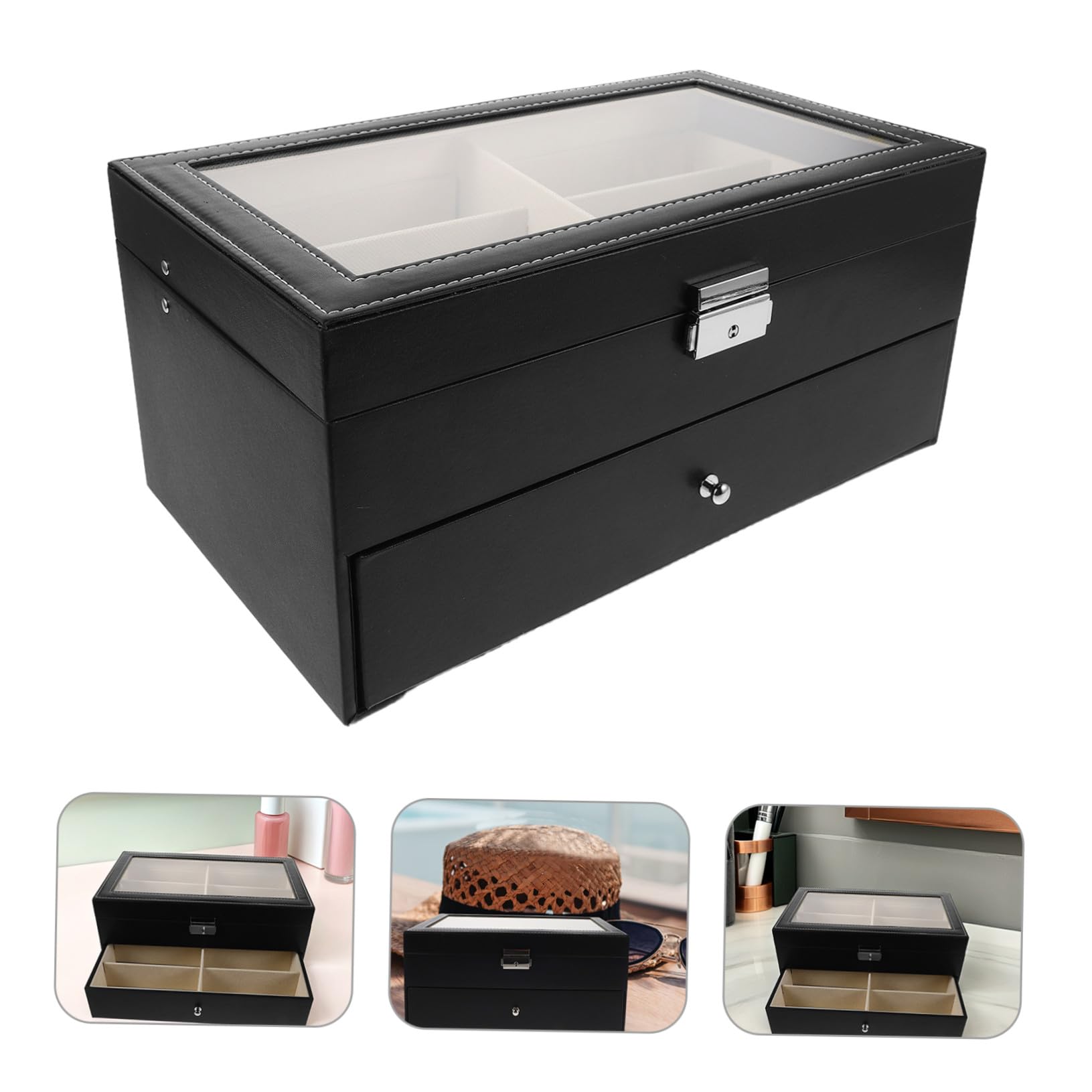 Generisch Doppelschichtige Brillenbox mit Fächern Weiche Innenpolsterung Hartschalen-brillenetui für Sonnenbrillen und Lesebrillen Vielseitiger Organizer für Zuhause Büro und Unterwegs