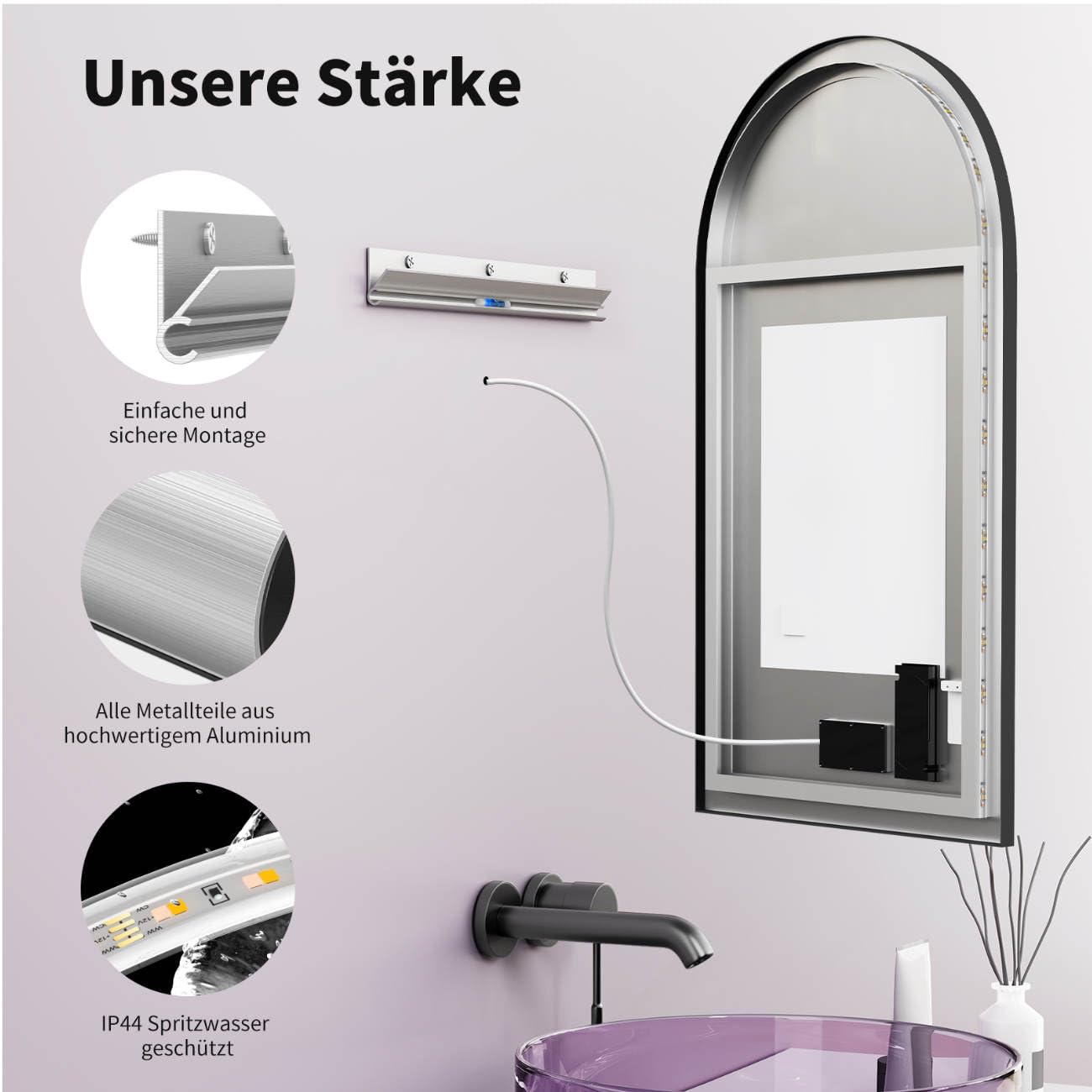HOKO Antibeschlag LED Bogenspiegel 60x100 cm / 100x60 cm Fontana mit Schwarzer Metallrahmen, HOCH+QUER Montage. Arch Badspiegel+Touch Schalter+Licht Wechsel 2700-6500K, Warmweiß-Kaltweiß-Neutral