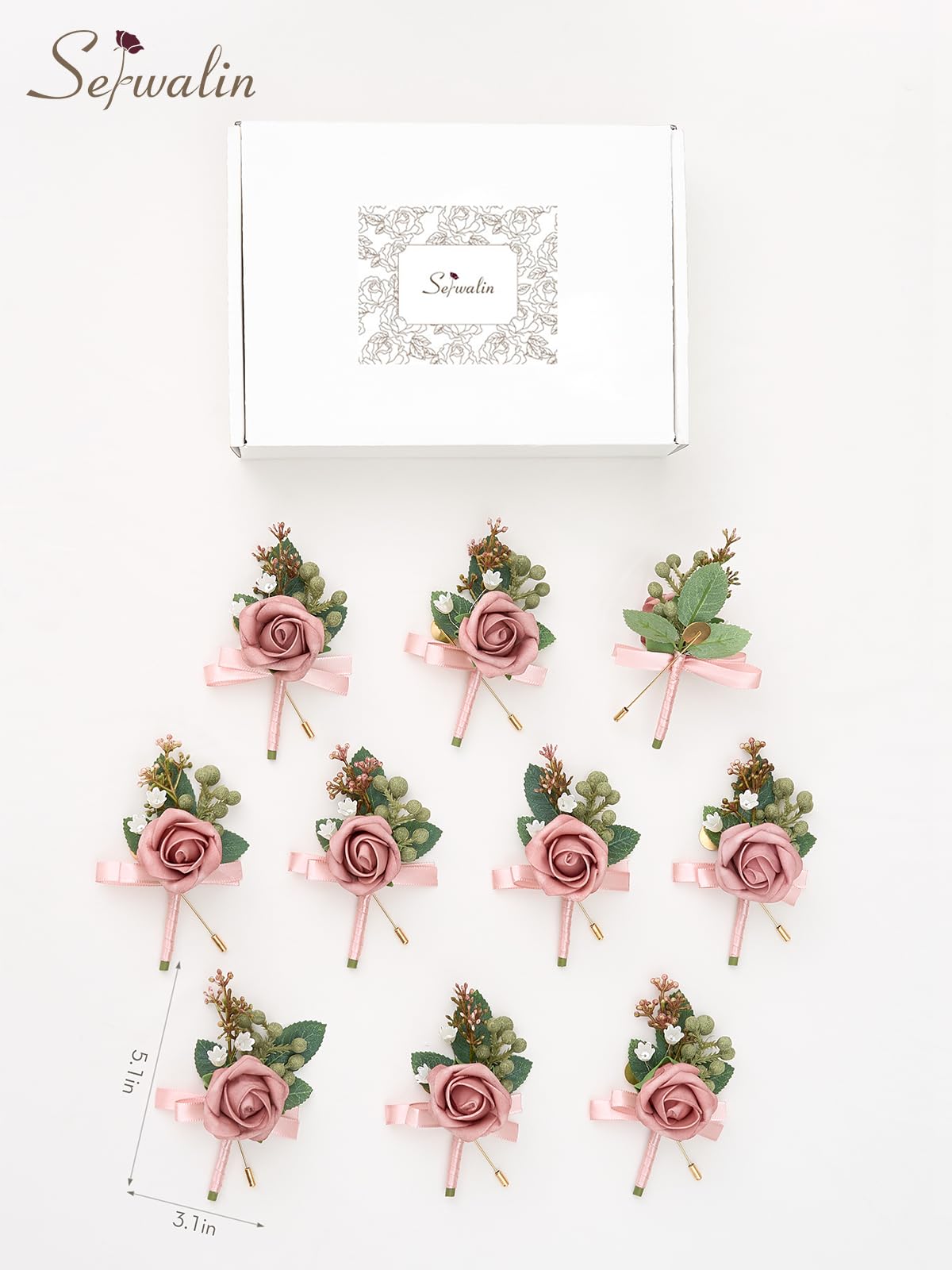 Serwalin Boutonniere rosa per matrimonio da uomo, set da 10
