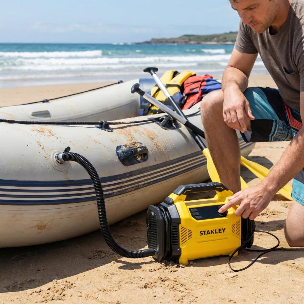 Stanley SXIF3501 Dijital Lastik Şişirme Pompası, 12V/220V, 150 PSI, LED Lambalı, Siyah