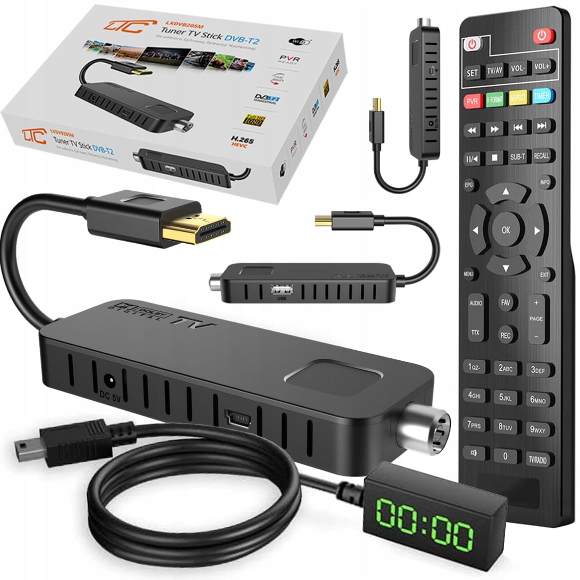 LTC Mini DVB-T2 HD Stick Receiver, H.265 HEVC Decoder, Full HD 1080p, 2-in-1 lernfähige Fernbedienung, PVR Aufnahme, USB, HDMI, Infrarot-Sensor, Schwarz