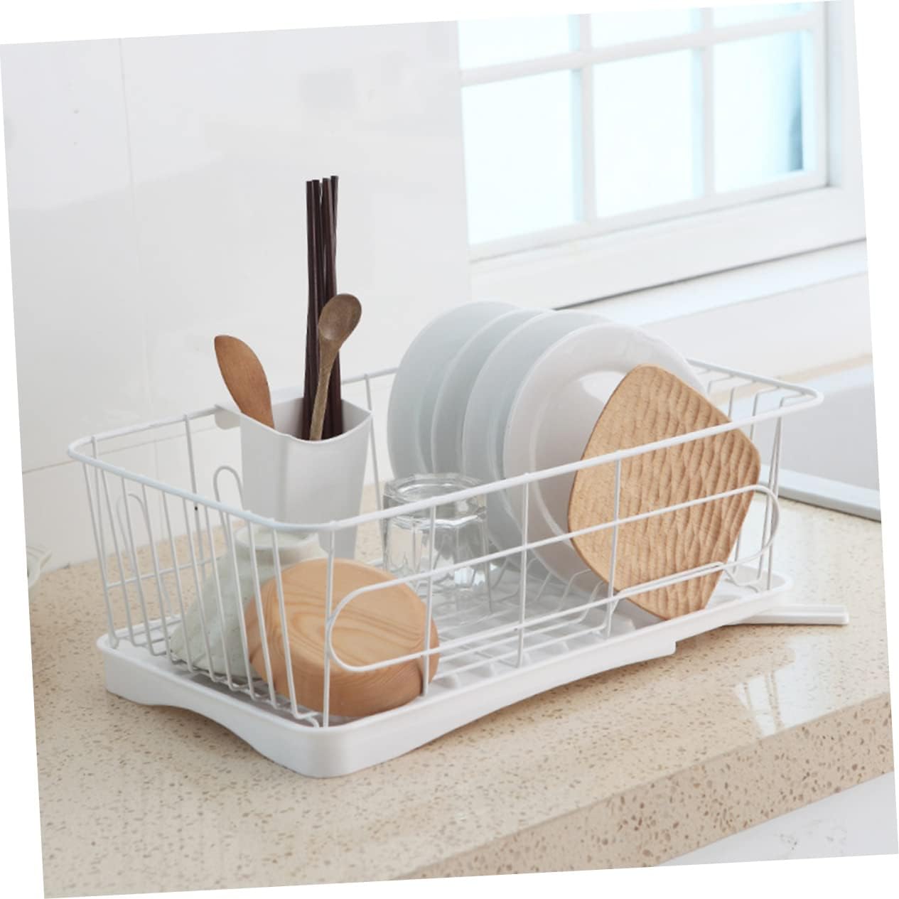 Multifunctional Kitchen Storage Rack White Cutlery Organizer with Drainer Rack for Utensils Bowls and Chopsticks for Home Parties and Events