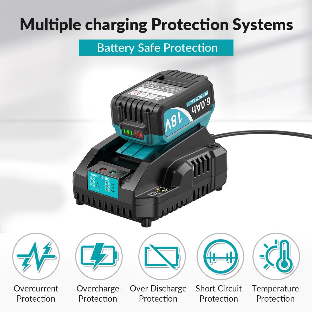 Ricambio aggiornato da 6,0 Ah per batteria Makita 18 V, confezione da 2 con caricabatterie, compatibile con utensili elettrici Makita da 18 V, nero