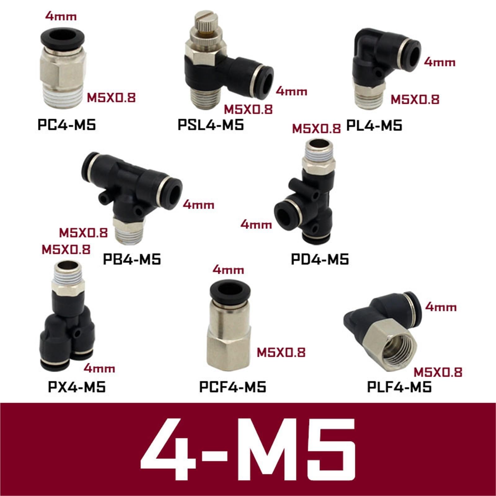 Pneumatische Luftanschlussverschraubung, PX, 4 mm, 6 mm, 8/10 mm, Gewinde, 1/8, 1/4, 3/8, 1/2 Schlauchverschraubungen (4-M5)