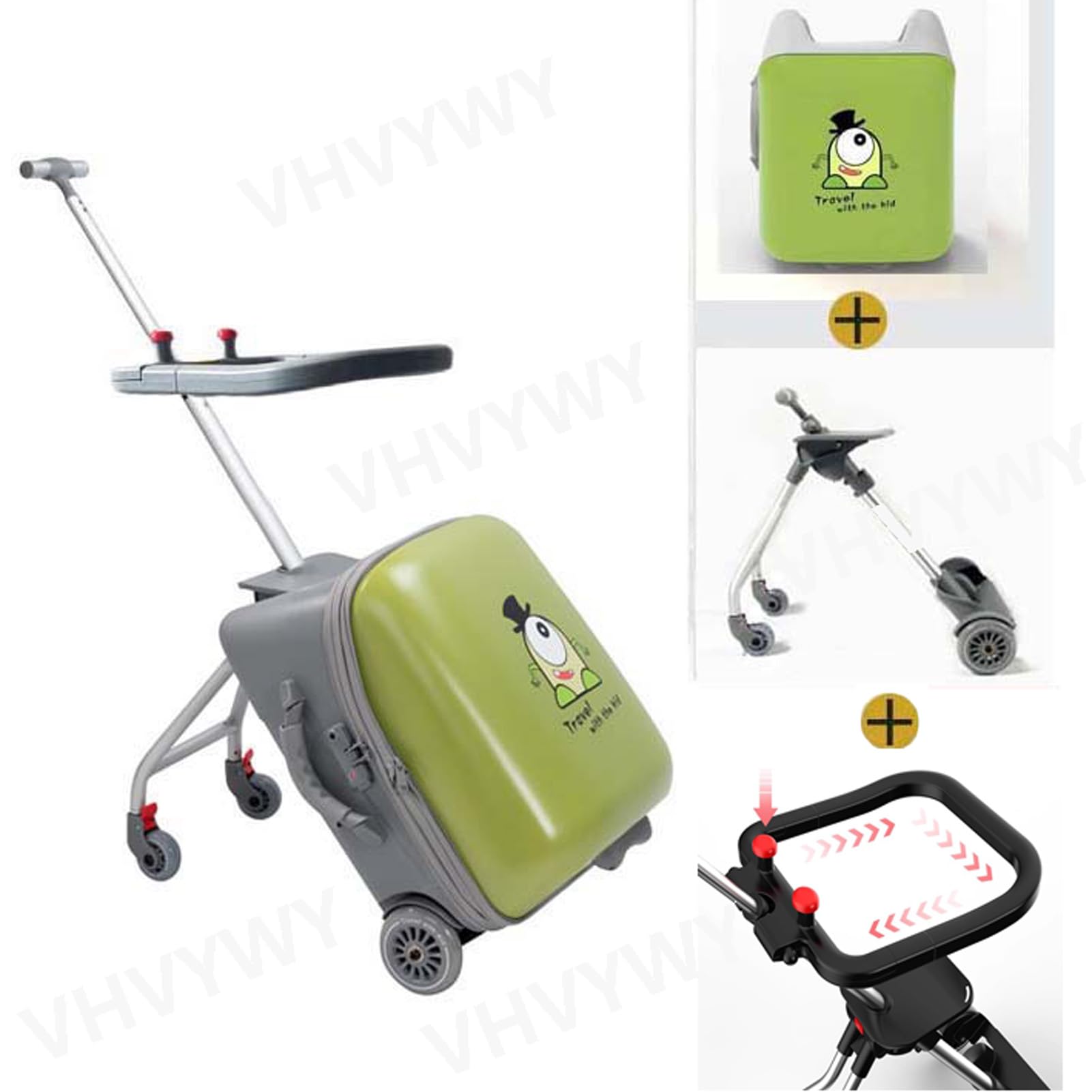 Aufsitzgepäck für Kinder – 50,8 cm faltbarer, erweiterbarer Koffer mit Kindersitz, 2-in-1 leichter Kinderwagen und Koffer-Set mit Leitplanke, grün