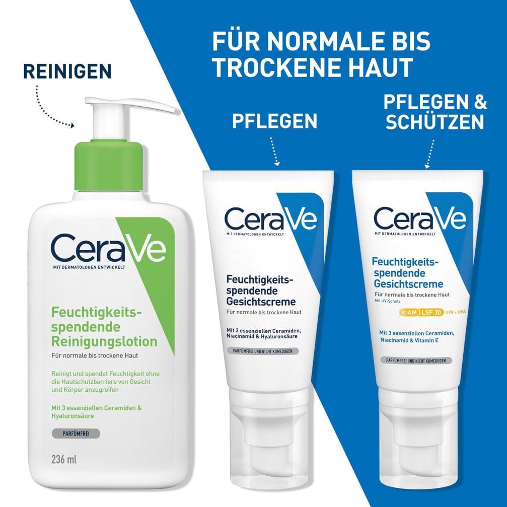 CeraVe Feuchtigkeitsspendende Gesichtscreme mit LSF 50, Hydratisierende Tagescreme mit Lichtschutz für normale bis trockene Haut, Schutz vor UVA- und UVB-Strahlung, 2 x 52ml