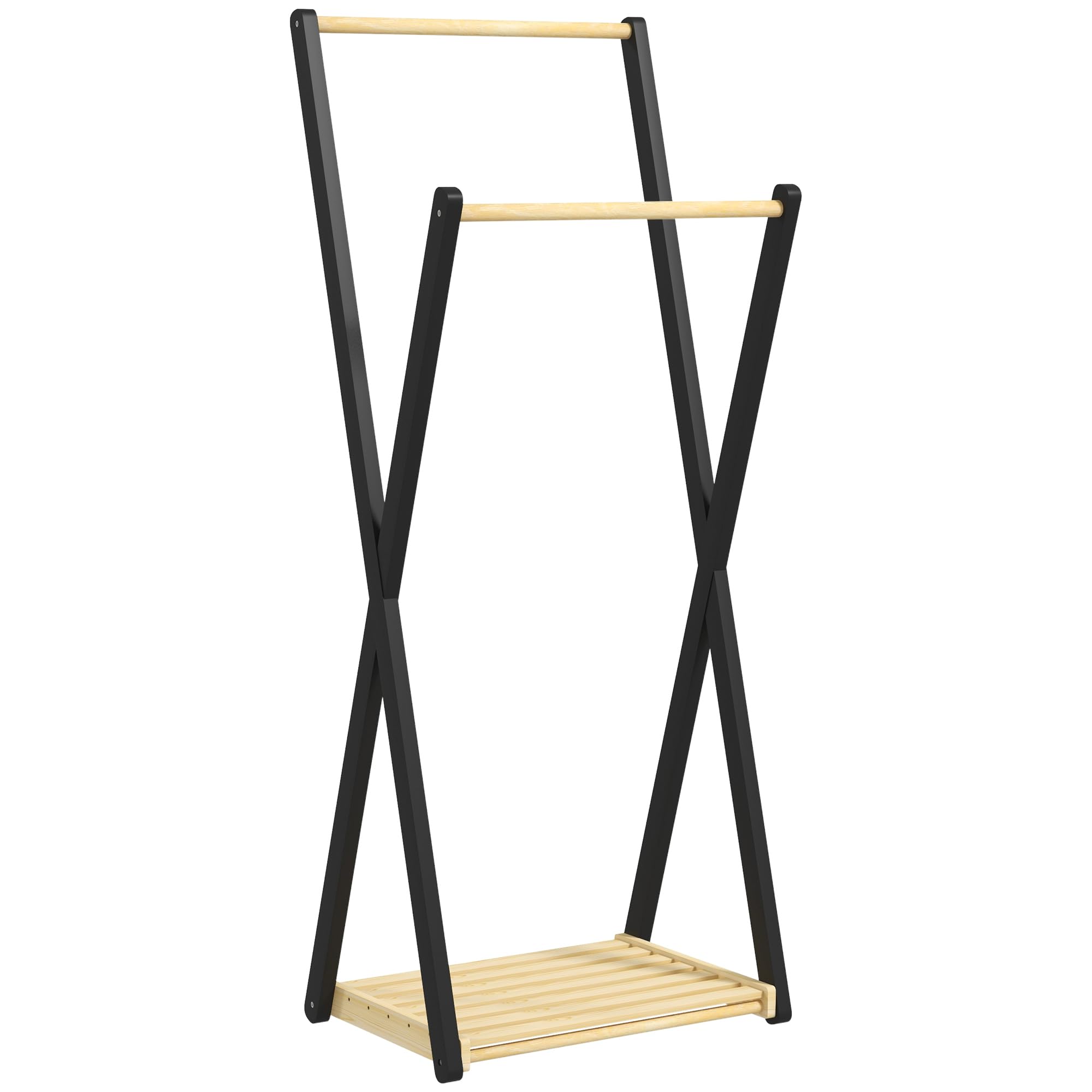HOMCOM Appendiabiti da Terra in Legno di Pino con 2 Barre, Attaccapanni da Terra Autoportante Moderno con Ripiano Inferiore, 61x45x152cm, Legno Naturale