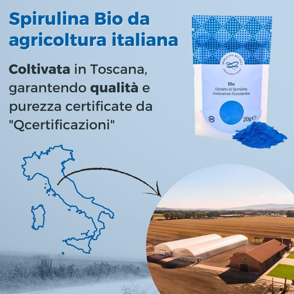Spirulina Becagli - Spirulina Blu Bio in Polvere 20 g, Colorante Alimentare Senza Glutine Made in Italy con Ficocianina, Vitamine e Proteine Vegane per Difese Immunitarie - Effetto Detox