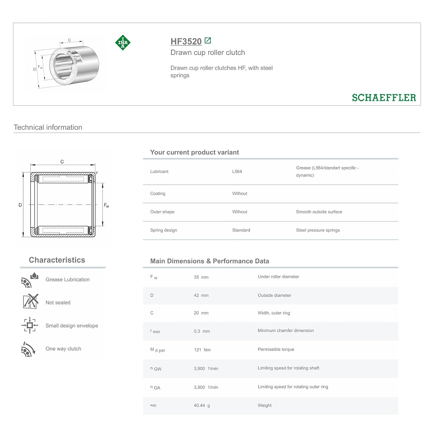 INA HF3520-L564 One-Way Needle Roller Drawn Cup Clutch Bearings 35x42x20mm | L564 Grease;Steel pressure springs;Low friction;High radial load carrying capacity;low cross-sectional height;HF3520