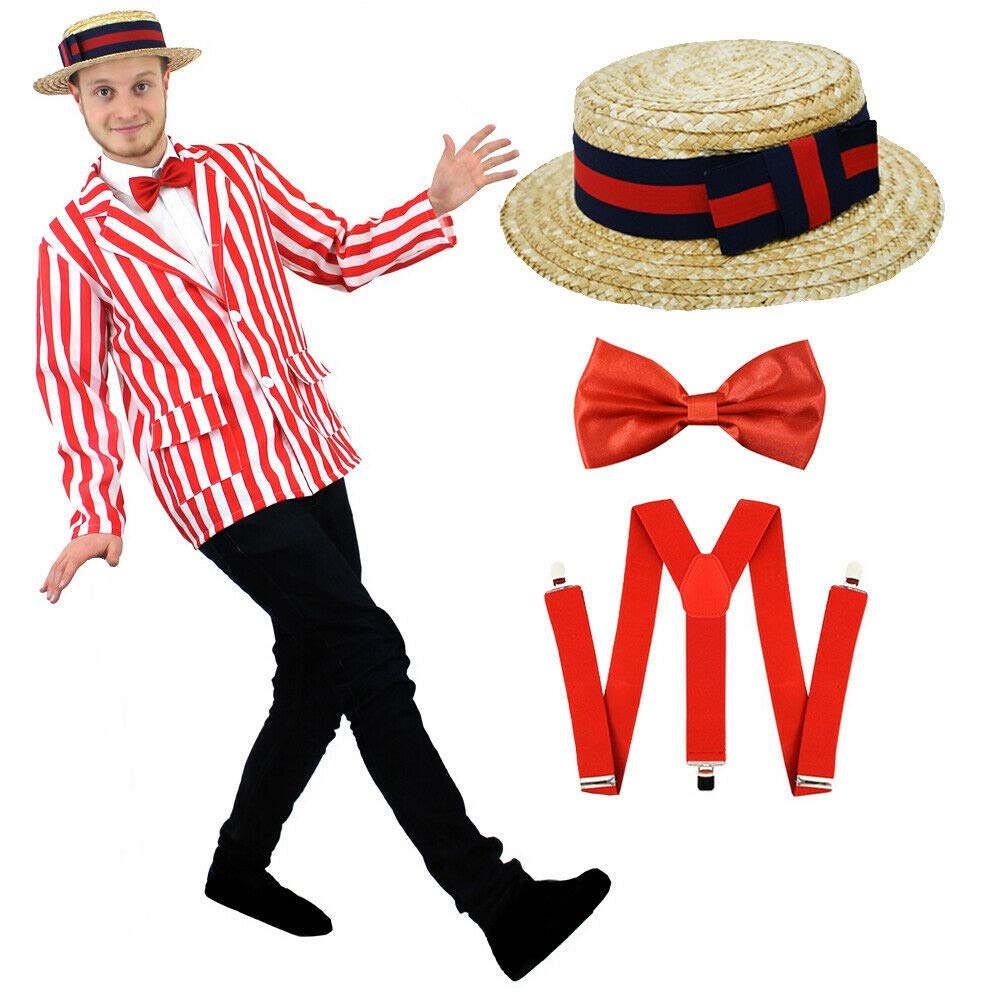 ADULTS 1920'S BARBERSHOP FANCY DRESS - RED & WHITE STRIPED BLAZER + STRAW BOATER HAT + RED BOWTIE + RED BRACES - EDWARDIAN BARBERSHOP COSTUME FOR WORLD BOOK DAY/BOOK WEEK 1920'S SHOW (XX-LARGE)