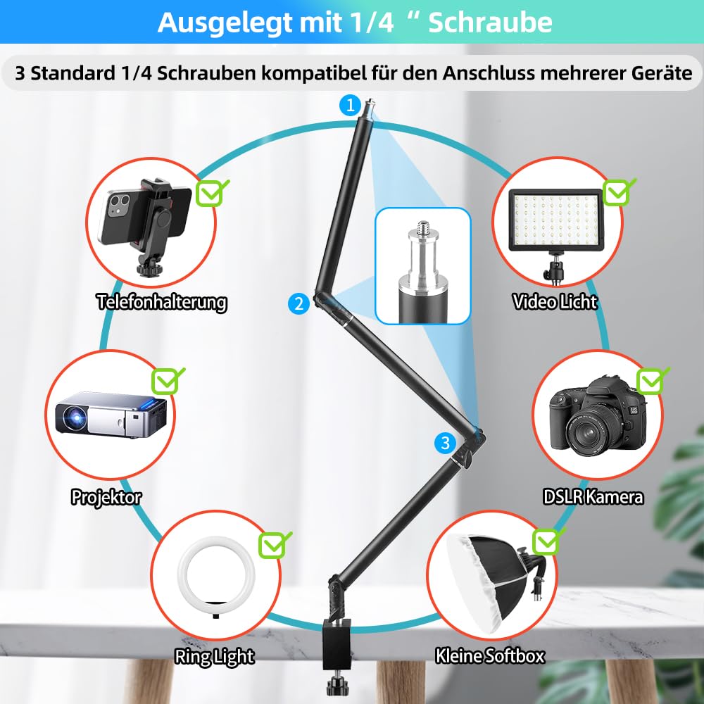 MS05 Kamera Tischstativ Overhead Stativ mit 1/4" Kugelkopf, Klemmstativ Flexibel Gelenkarm Tisch Halterung für Kamera, Ringlicht, Webcam, Projektor, Max. Belastung 3 kg