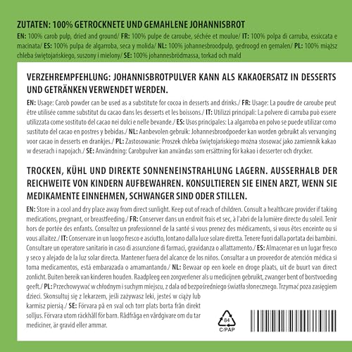 Alpi Nature Carobpulver 500g, Johannisbrot gemahlen, natürlicher Süßstoff, Johannisbrotmehl