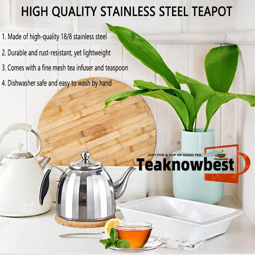 Stainless Steel Tea Pot with Removable Infuser - Loose Leaf Tea Maker, Home & Kitchen Teapot - Large 67.6 oz, Stovetop Safe Teapot for Tea/Coffee, Mirror Finish (2000ml)