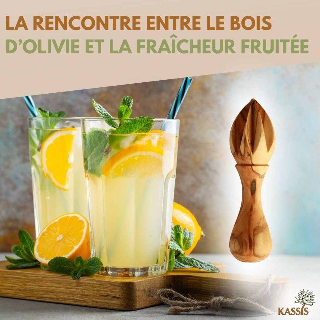 KASSIS Presse-agrumes en bois d'olivier - Jus frais - Presse-lime et orange artisanal 14 cm