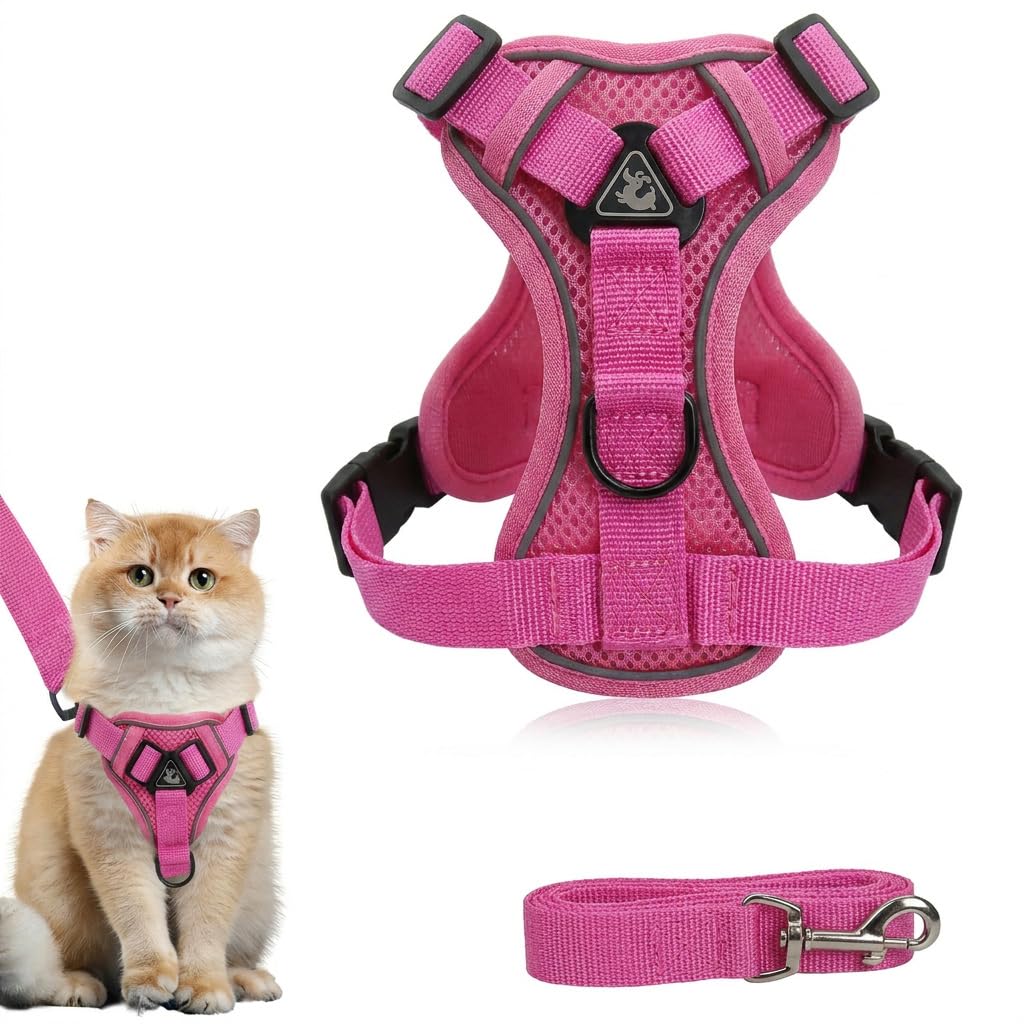 Cat Harness and Lead Set, Adjustable Cat Leash with Reflective Strips Escape Proof Cats Collar Breathable Soft Mesh Vest Kitten Cat Harness for Small Cats Dogs Pets Walking (Rose Pink, M)