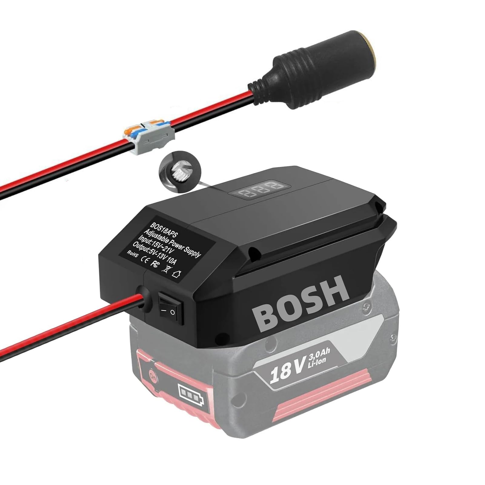 Convertisseur abaisseur 18 V à 12 V pour Batterie Bosch GBA 18 V, Adaptateur d'alimentation pour Batterie à Tension Continue Sortie 5 V-13 V Max. 10 A Prise Allume-Cigare
