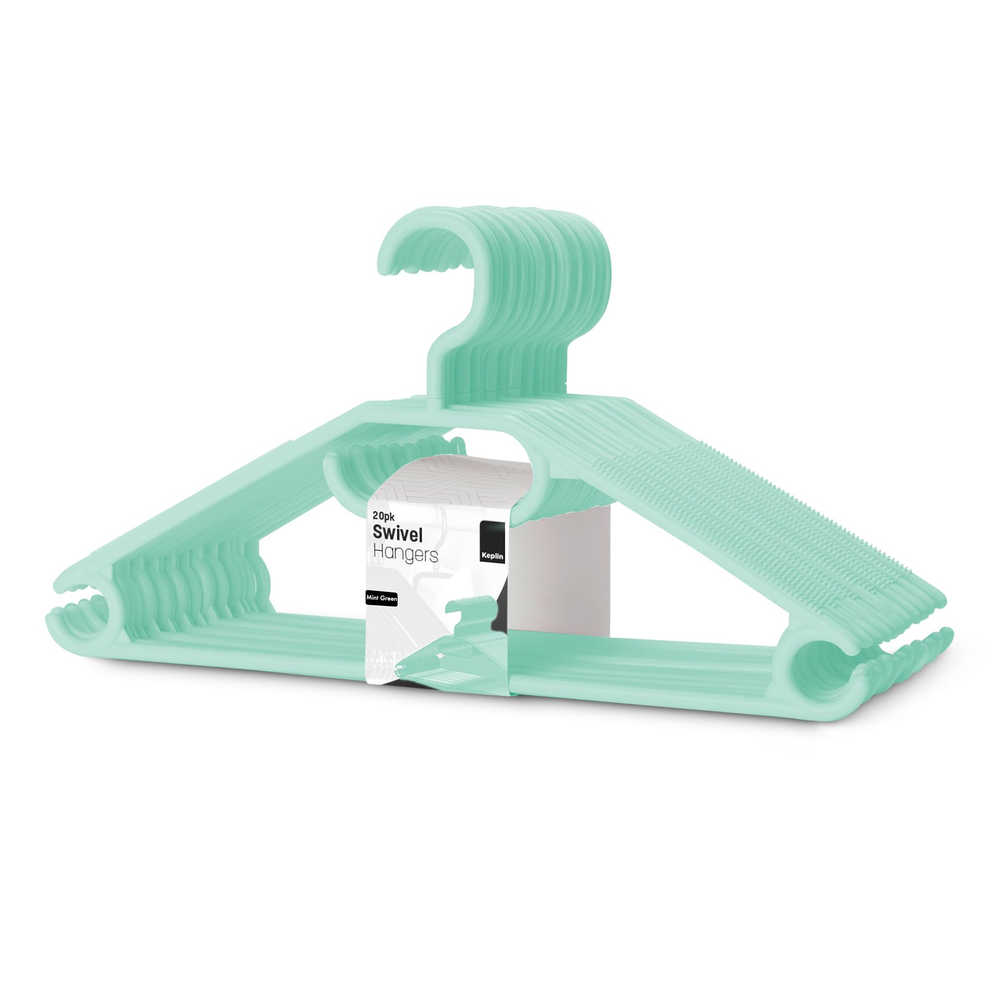 KEPLIN Space Saving White Plastic Coat Hangers - 20 Pack | Heavy Duty Swivel Hook for Clothes, Coats, Dress, Shirt, Jacket, Trouser | Non Slip With Rotating Hook & Tie Hanger - Mint Green