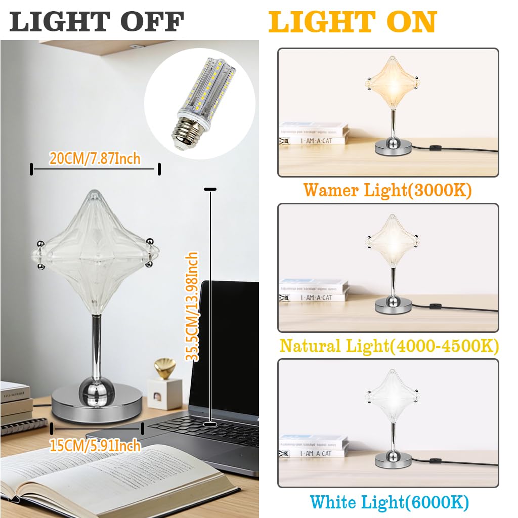 Nachttischlampe Modern,Tischlampe mit Chromfuß und Glas Schirm,Tischlampe Chrom,Schreibtischlampe E27 für Schlafzimmer,Arbeitszimmer,Kinderzimmer,Deko Leuchte,Enthält Glühbirne,12W,3 Farbentemperatur