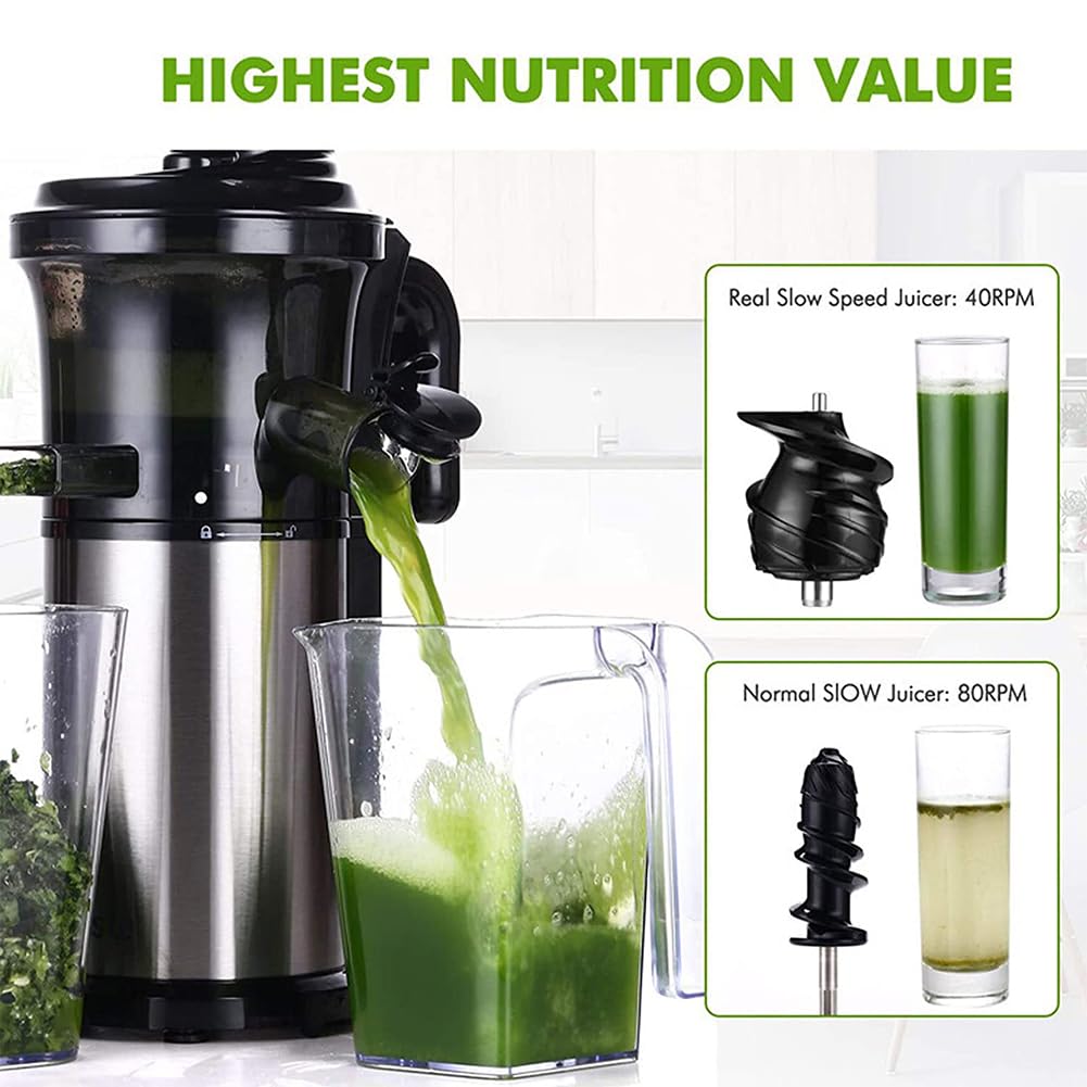 Licuadora de prensado en frío - 200 W, Acero Inoxidable, Baja Velocidad, máquina para extraer Jugo de Frutas, Verduras, sorbetes y Helados - Libre de BPA, Alto Rendimiento de Jugo