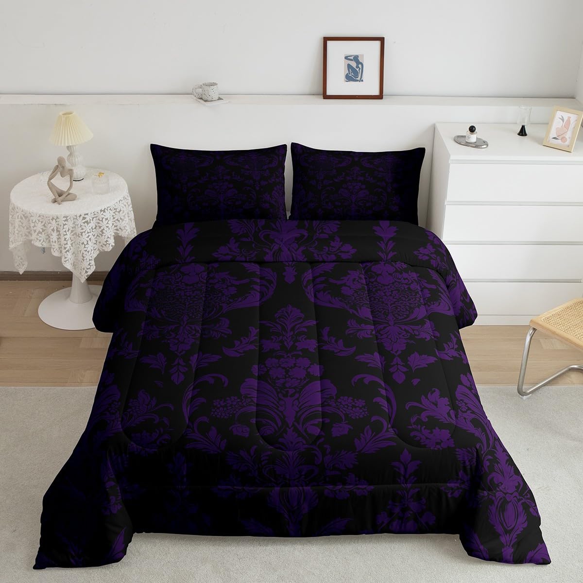 Feelyou Purple Black Vintage Damask Floral Comforter Set Gothic Bohemia Floral Bedding Set King Size for Boys Girls Bedroom Bed Decor Oriental Antique Comforter Luxury Flower Bed Set for All Season
