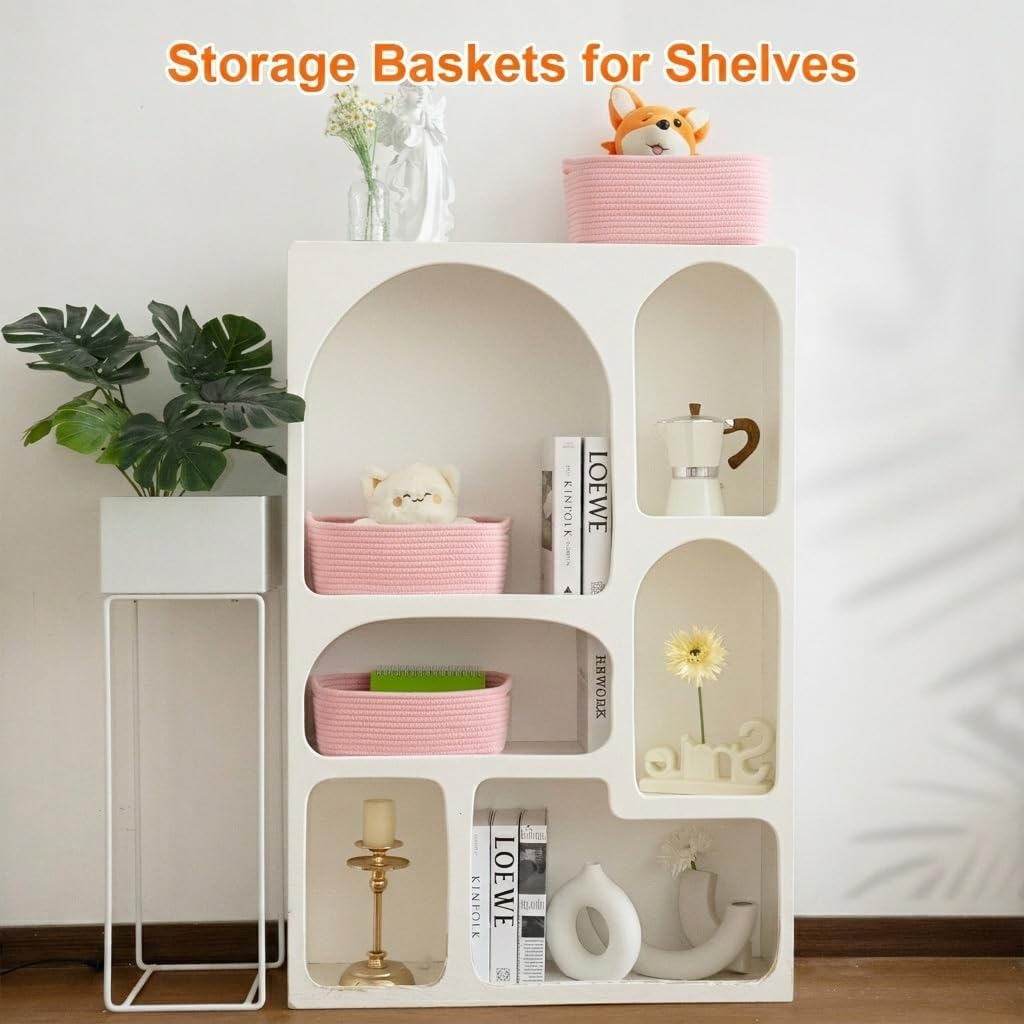 Small Storage Baskets for Organizing, Woven Storage Bins for Shelves, Gift Basket Empty, Cute Decorative Closet Organizer, Baby Rope Basket, Dog Toy Storage, 13.2x8.2x5.2”, 3Packs Pink
