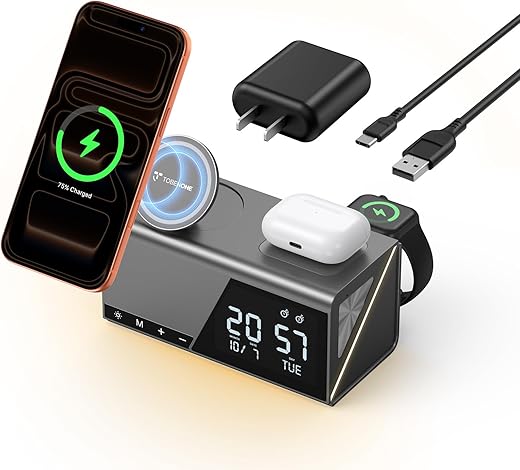 TobenONE 6-in-1 Alarm Clock Wireless Charging Station for Apple Devices, Night Light, Nightstand, MagSafe Magnetic Phone Charger, Fast Charging for iPhone 17 16 15 14 13 Pro Max, Apple Watch, AirPods