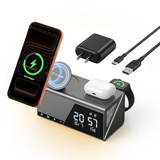 TobenONE 6 in 1 Alarm Clock Wireless Charging Station for Apple Devices, Night Light, Nightstand