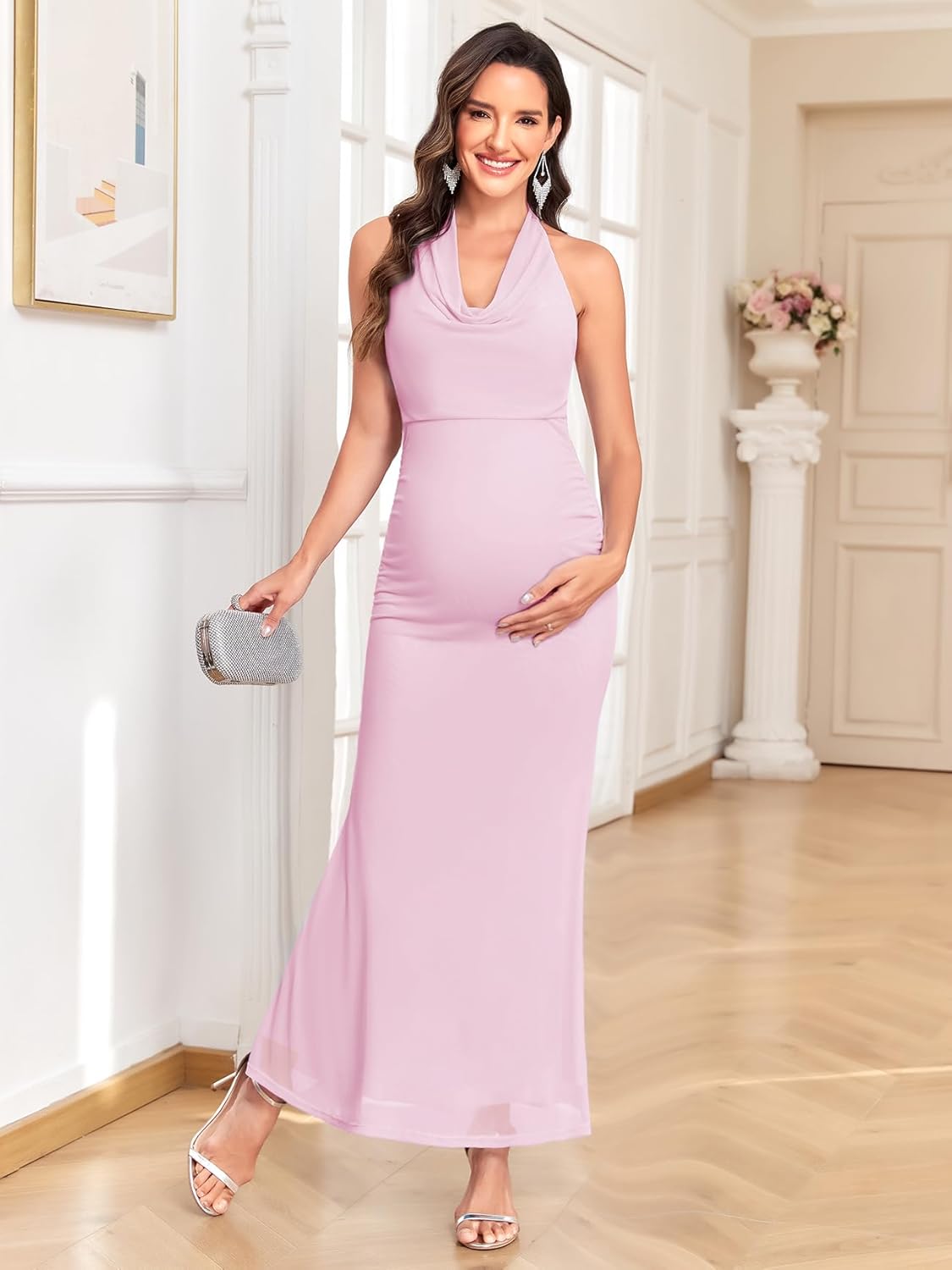 CYCLAMEN Maternity Halter Neck Dress Sleeveless Bodycon Mermaid Backless Pregnancy Dresses Baby Shower Photoshoot Casual