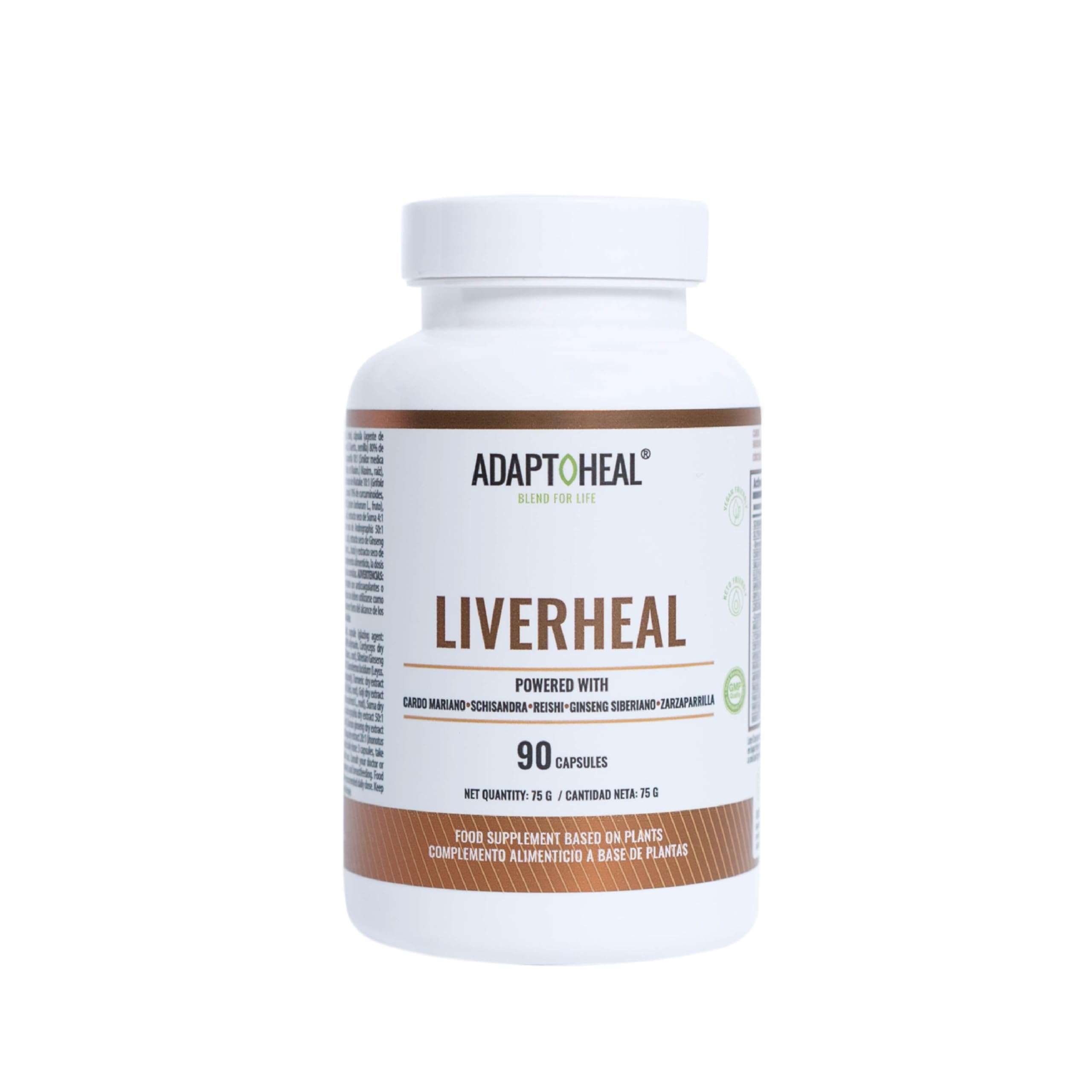 Adaptoheal Liverheal - Adaptogenos para el Hígado - Cardio Mariano + Curcuma + Rhodiola Rosea + Ginseng Rojo Coreano Puro + Reishi - Apoyo para Higado - Vegano, Sin Gluten - 90 Cápsulas