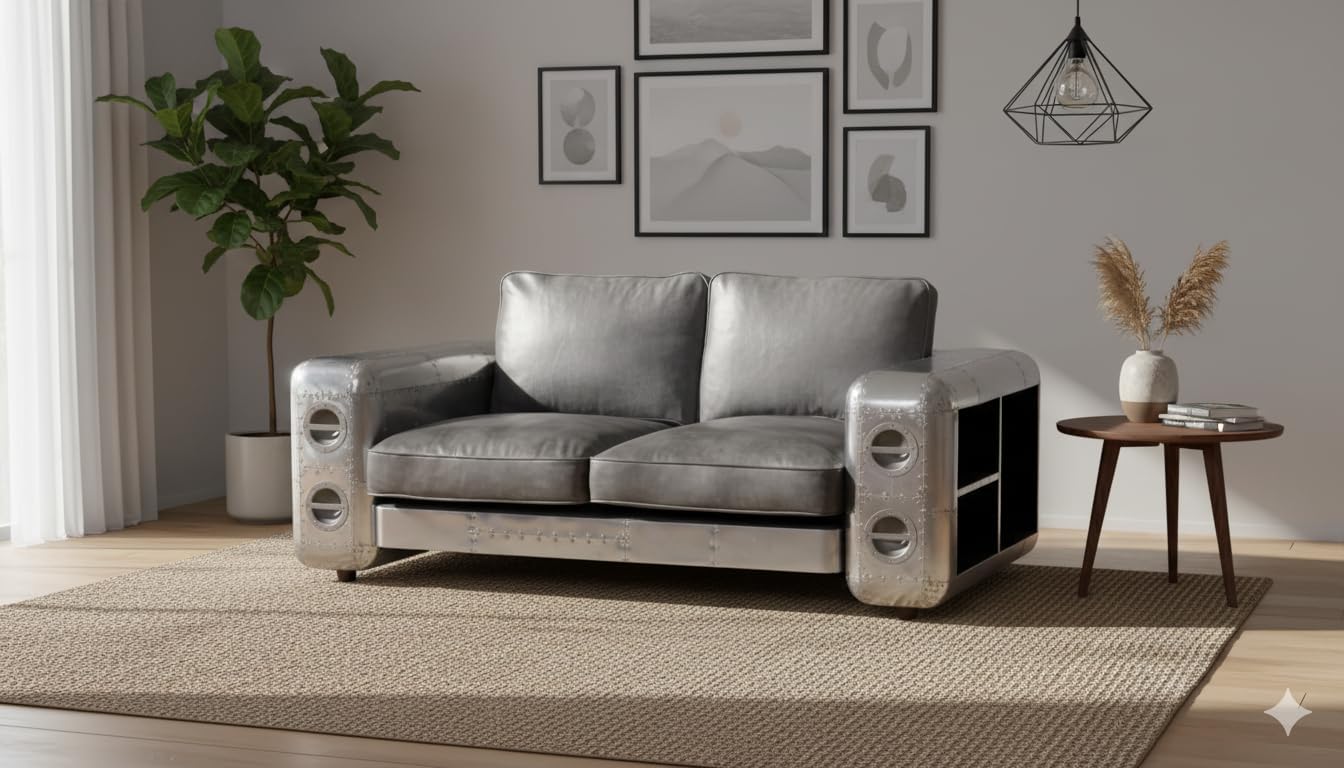 NauticalMart Vintage Leather and Aluminium Sofa Set