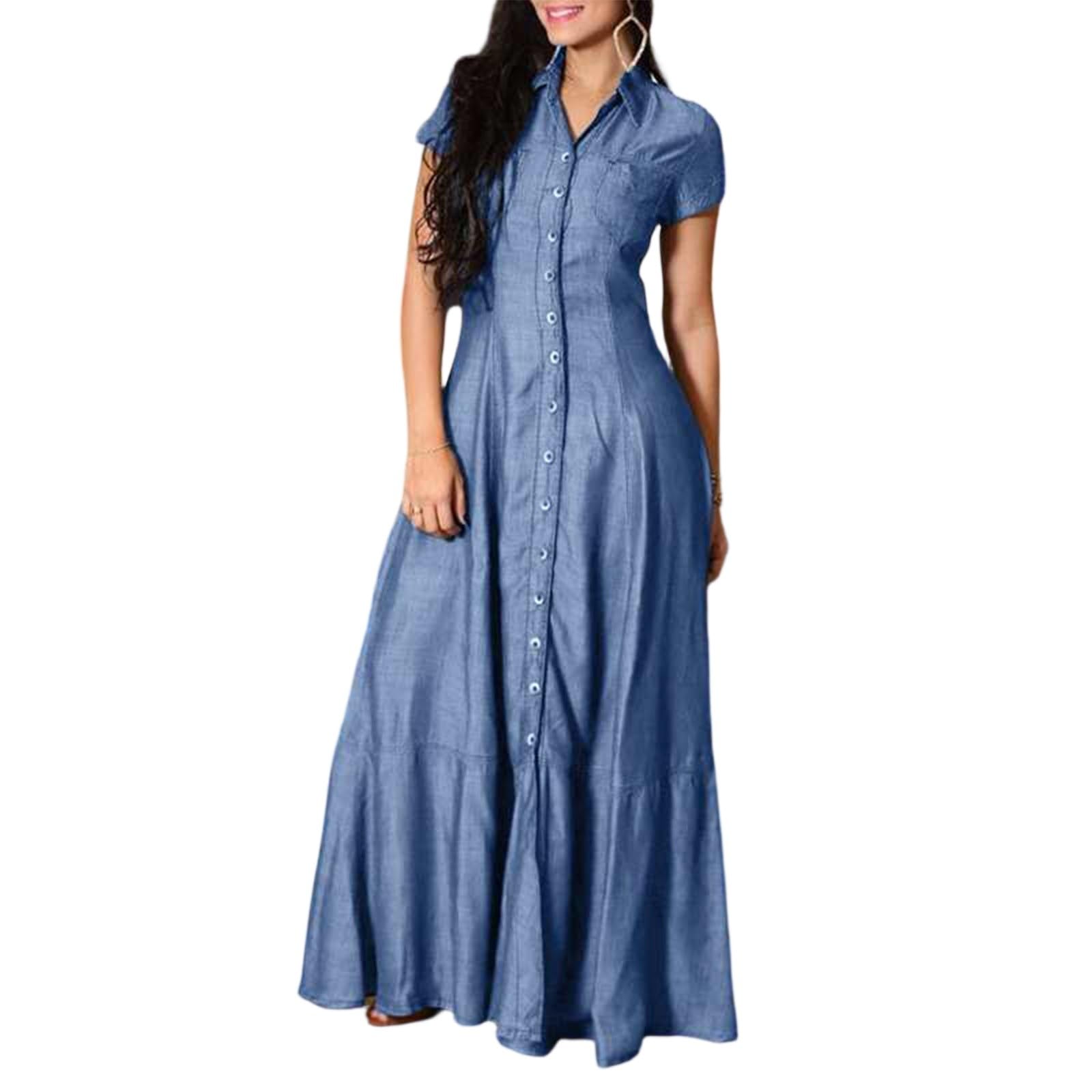 Jeanskleid Damen Lang Kurzarm Hemdkleid Mit Knopfleiste Sommerkleid A Linie Kleider Maxi Jeans Kleid Sommer Blusenkleid Elegant V Ausschnitt Maxikleid Denim Sommerkleider Frauen Leicht Luftig