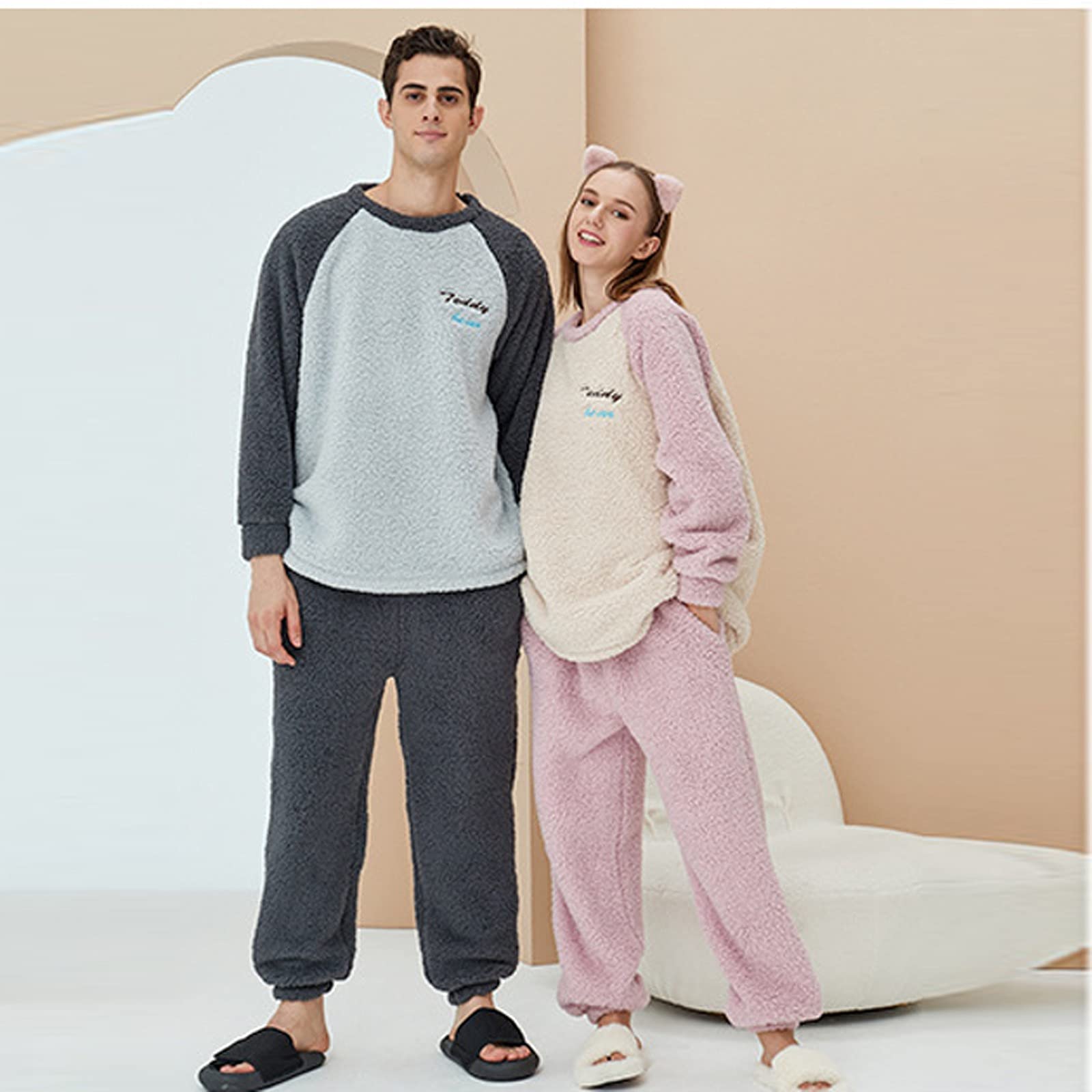 CMBSSTFC Warmer Flanell-Pyjama für Damen, kuschelig Warmer Damen-Pyjama, Winter-Pyjamahose + Langarm-Pullover, kuscheliger Anzug, Zweiteiliger Fleece-Pyjama, Flauschiger Hausanzug für Mädchen