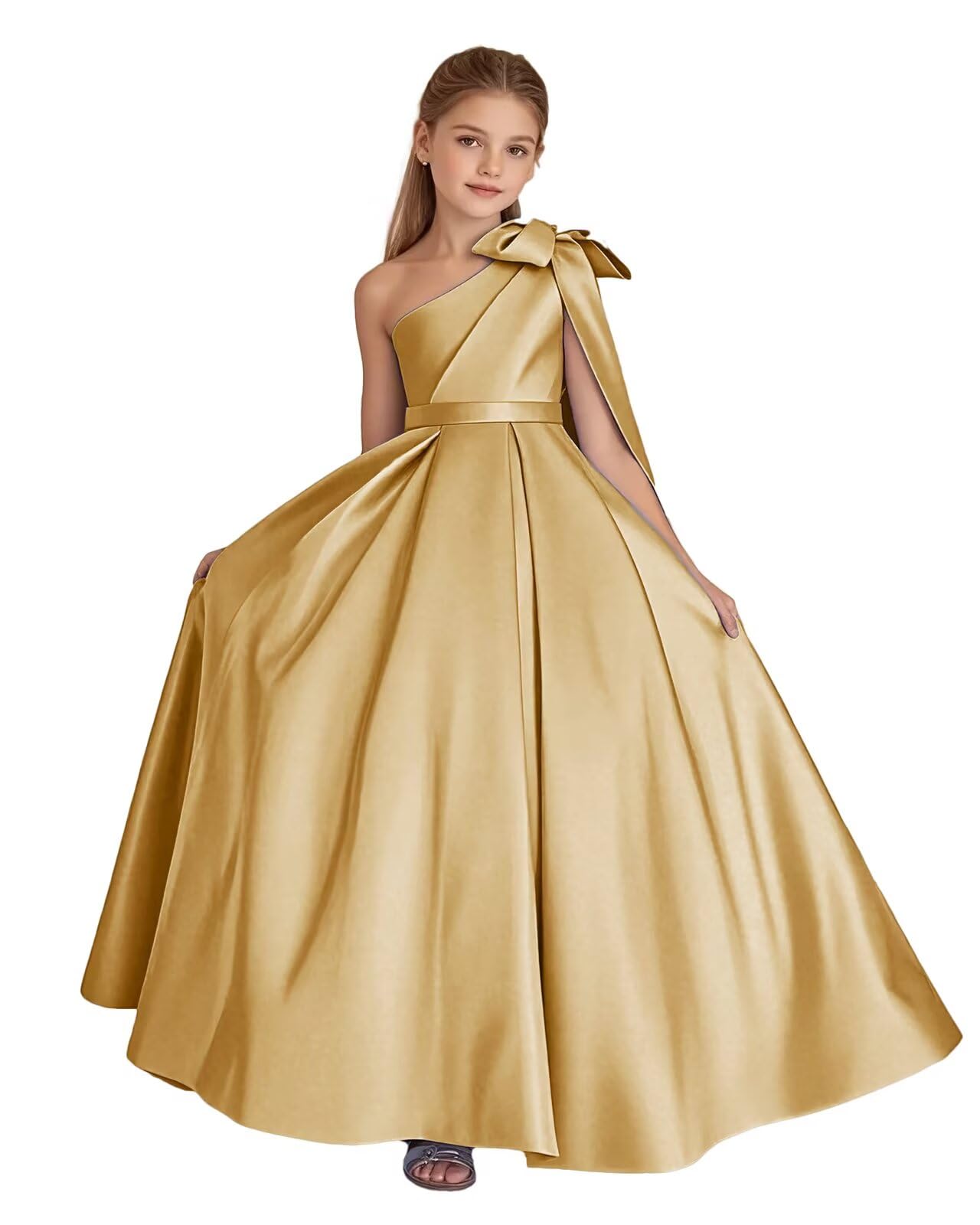 Arsyince One Shoulder Flower Girl Dresses Satin First Communion Dress Pageant Dress Ball Gown with Bow