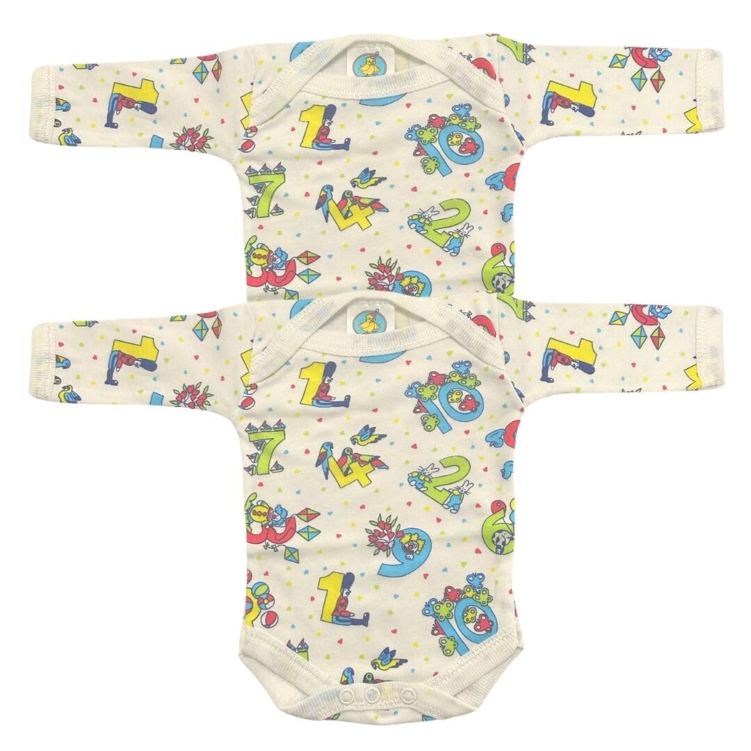 Junior Joy – 2 Pack Baby Cream Printed Bodysuits for Premature Babies, Envelope Neck, Long Sleeves, 100% Cotton, Popper Fastening for Easy Nappy Changes